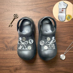 Chunky Platform Clogs with Silver Charms & Bows- slipper + (1 Pair Socks Free)