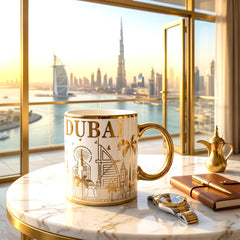 Dubai Landmarks Coffee Cup – Burj Al Arab & Palm Jumeirah Gold Print