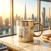 Dubai Landmarks Coffee Cup – Burj Al Arab & Palm Jumeirah Gold Print
