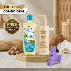 Vatika Naturals Coconut Enriched Hair Oil (300ml) + Bremod 10 in 1 Hair Cream Serum (210ml) Combo + FREE Hair Clip