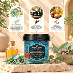 Jardin d Oleane 100% Natural Moroccan Black Soap with Eucalyptus Essential Oil – 500g