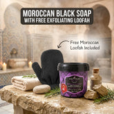 Jardin d Oleane 100% Natural Moroccan Black Soap with Ghassoul & Rosemary Essential Oil – 500g + Free Moroccan Loofah
