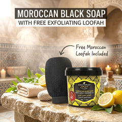 Jardin d Oleane 100% Natural Moroccan Black Soap with Lemon Essential Oil – 500g + Free Moroccan Loofah