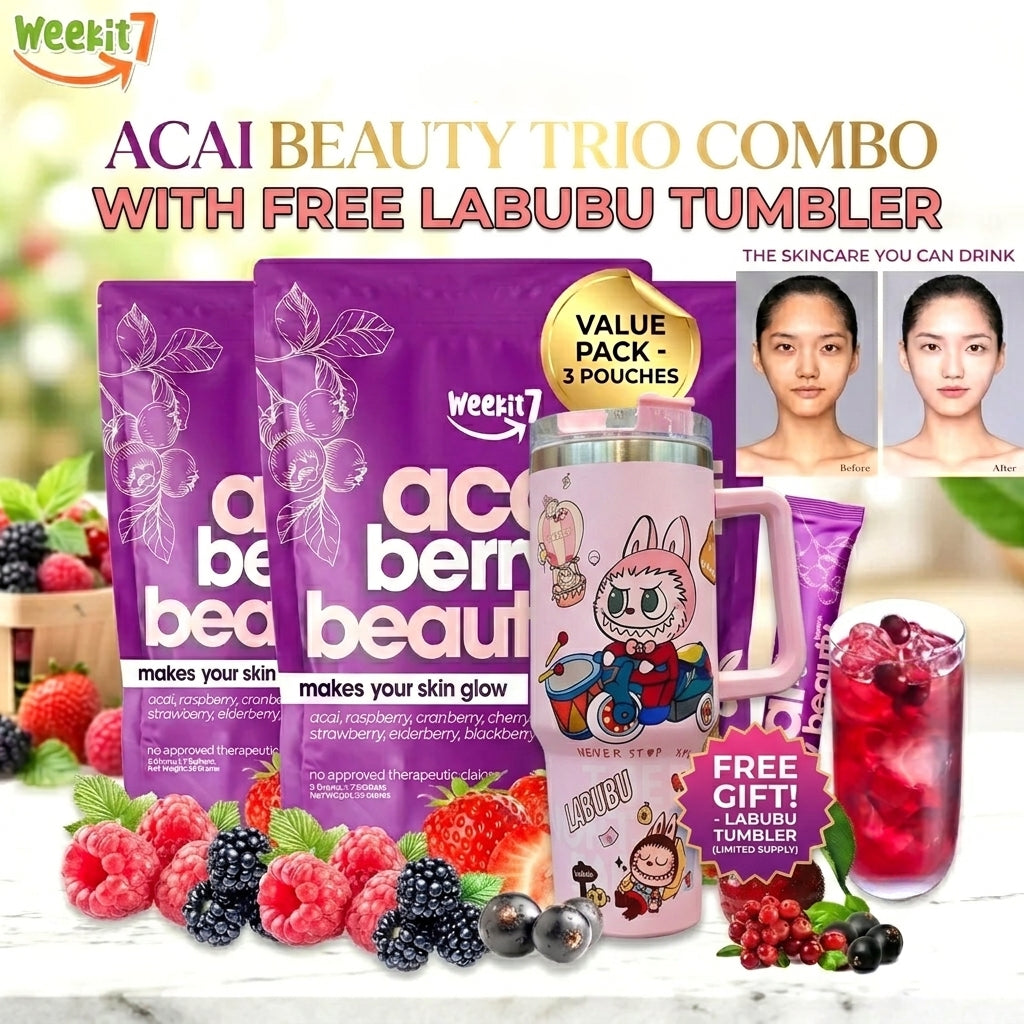Weekit7 Acai Berry Glowing Beauty Powder – 3 PCS Combo + Free Labubu Tumbler