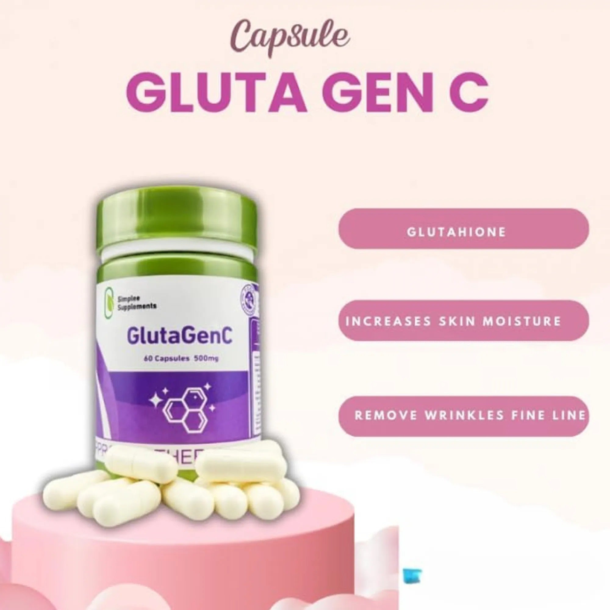 Simplee Supplements GlutaGenC – 500mg Skin Brightening & Antioxidant Capsules (60 Cap)