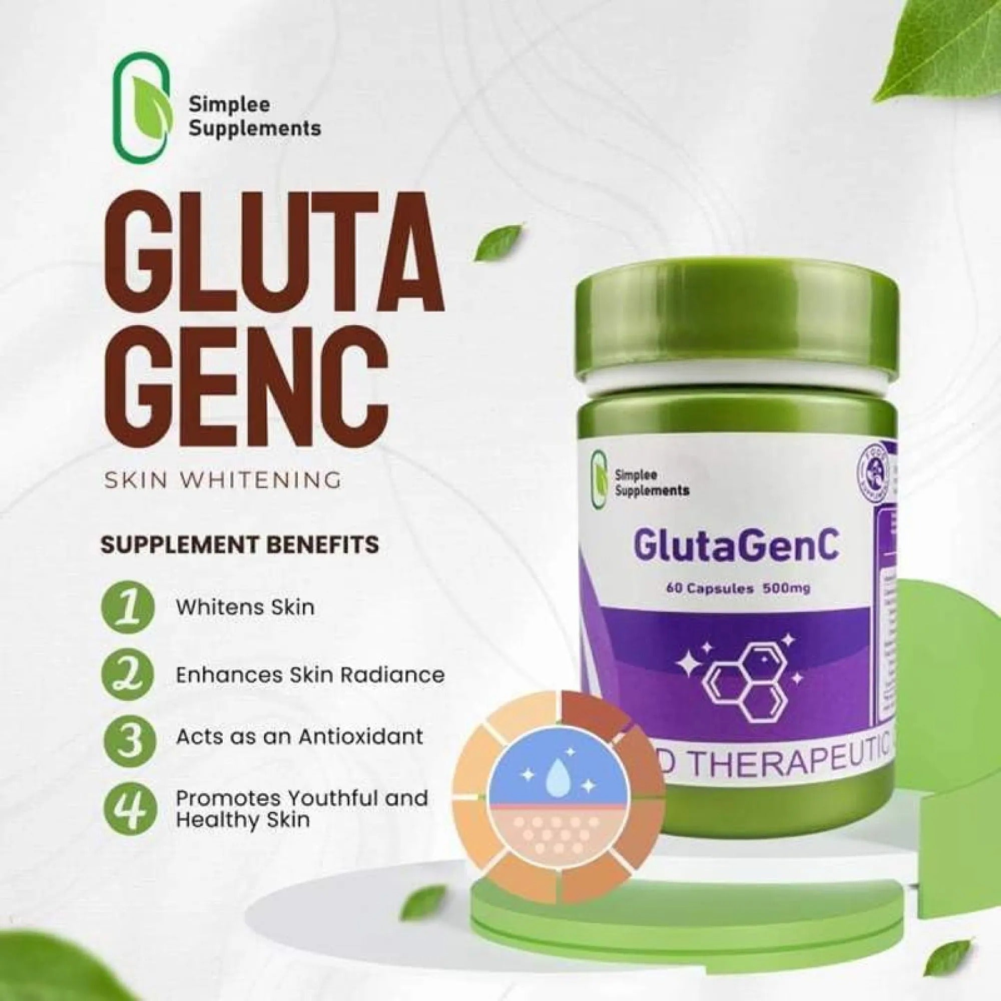 Simplee Supplements GlutaGenC – 500mg Skin Brightening & Antioxidant Capsules (60 Cap)
