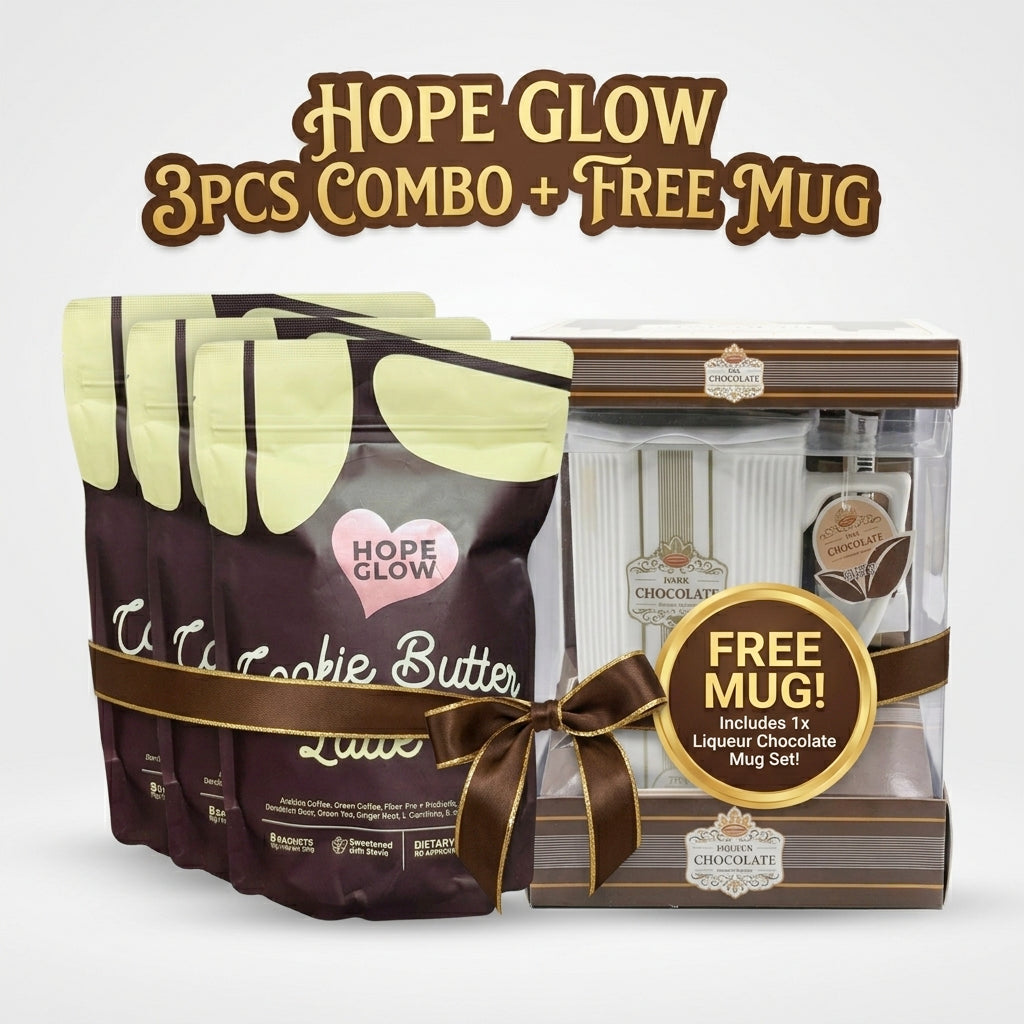 Hope Glow Cookie Butter Latte DTX – 8 Sachets (120g) | 3 Pcs Combo + FREE Coffee Mug