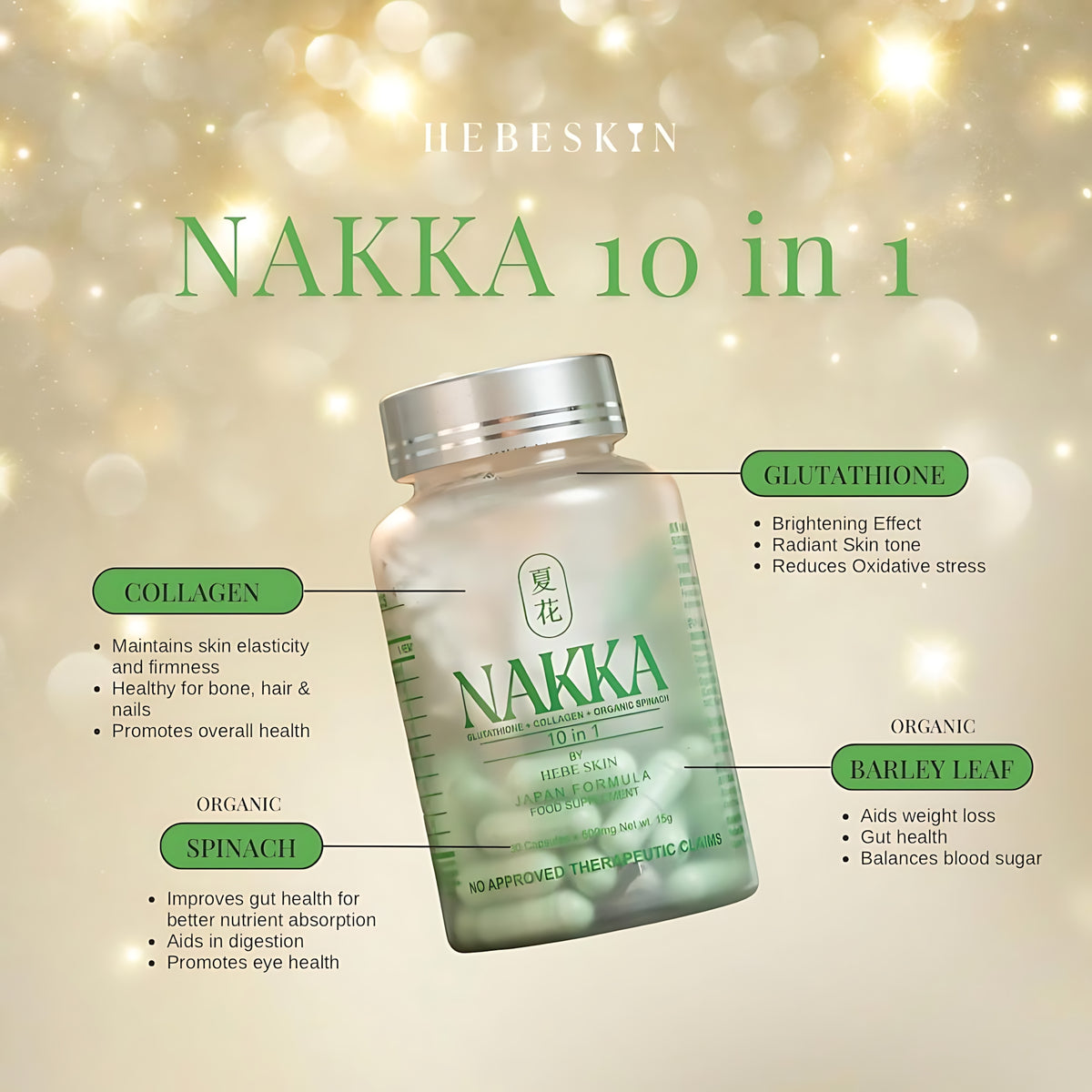 Hebeskin Nakka Glutathione Collagen Organic Spinach 10-in-1 Food Supplement - 30 Cap