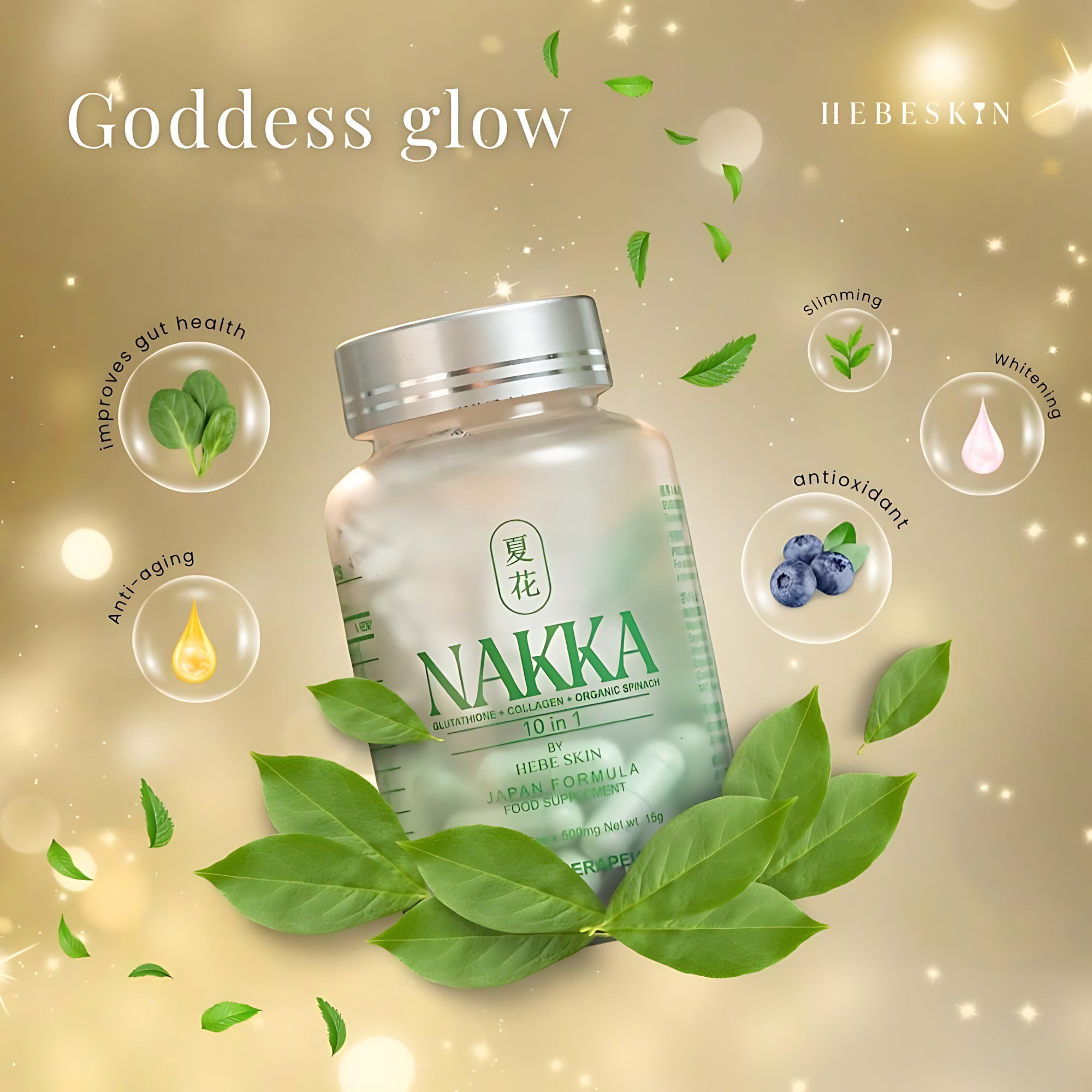 Hebeskin Nakka Glutathione Collagen Organic Spinach 10-in-1 Food Supplement - 30 Cap