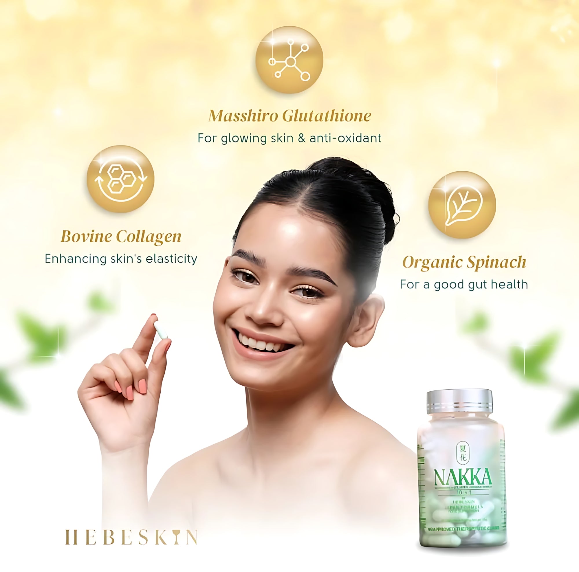 Hebeskin Nakka Glutathione Collagen Organic Spinach 10-in-1 Food Supplement - 30 Cap