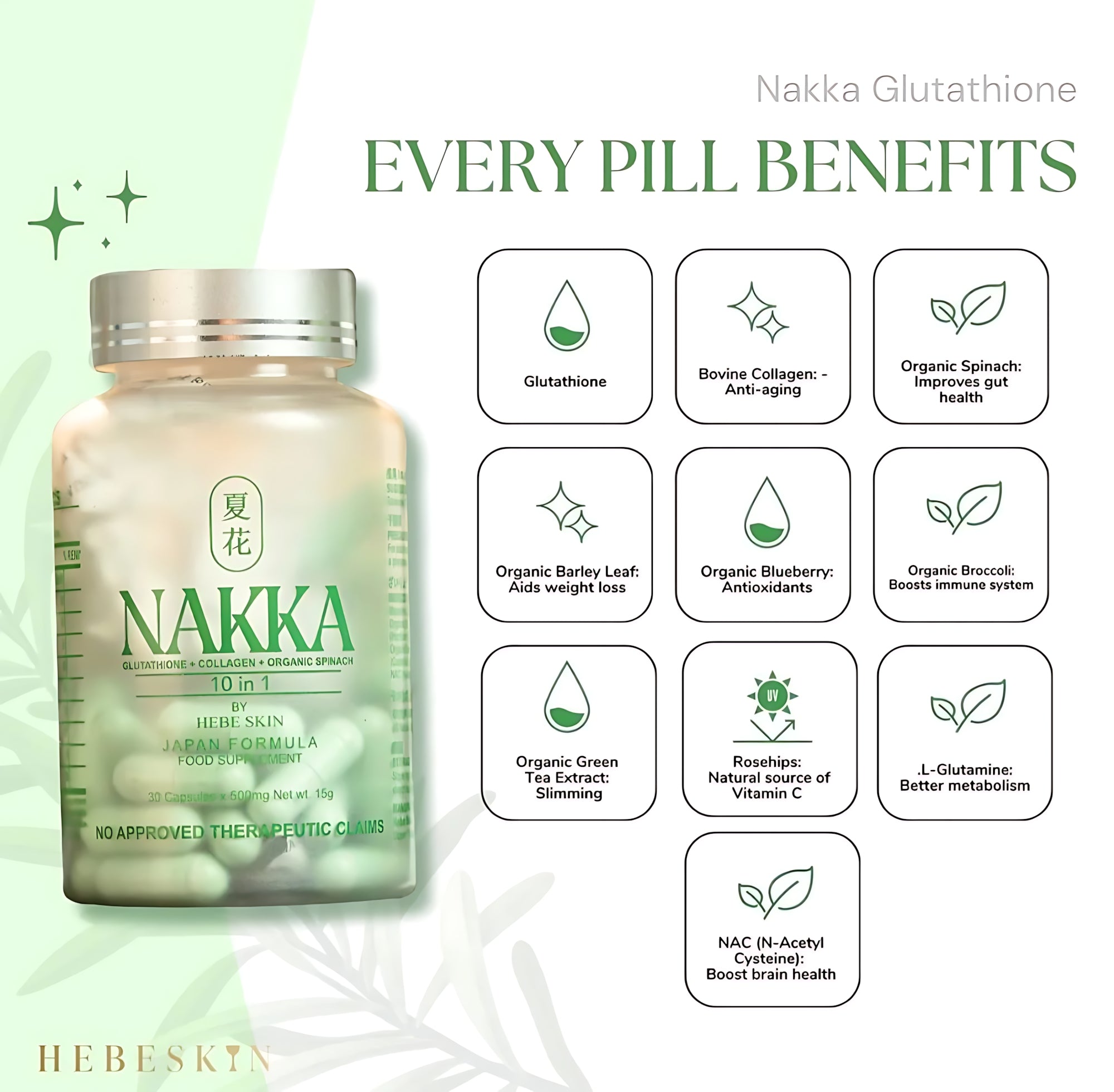 Hebeskin Nakka Glutathione Collagen Organic Spinach 10-in-1 Food Supplement - 30 Cap