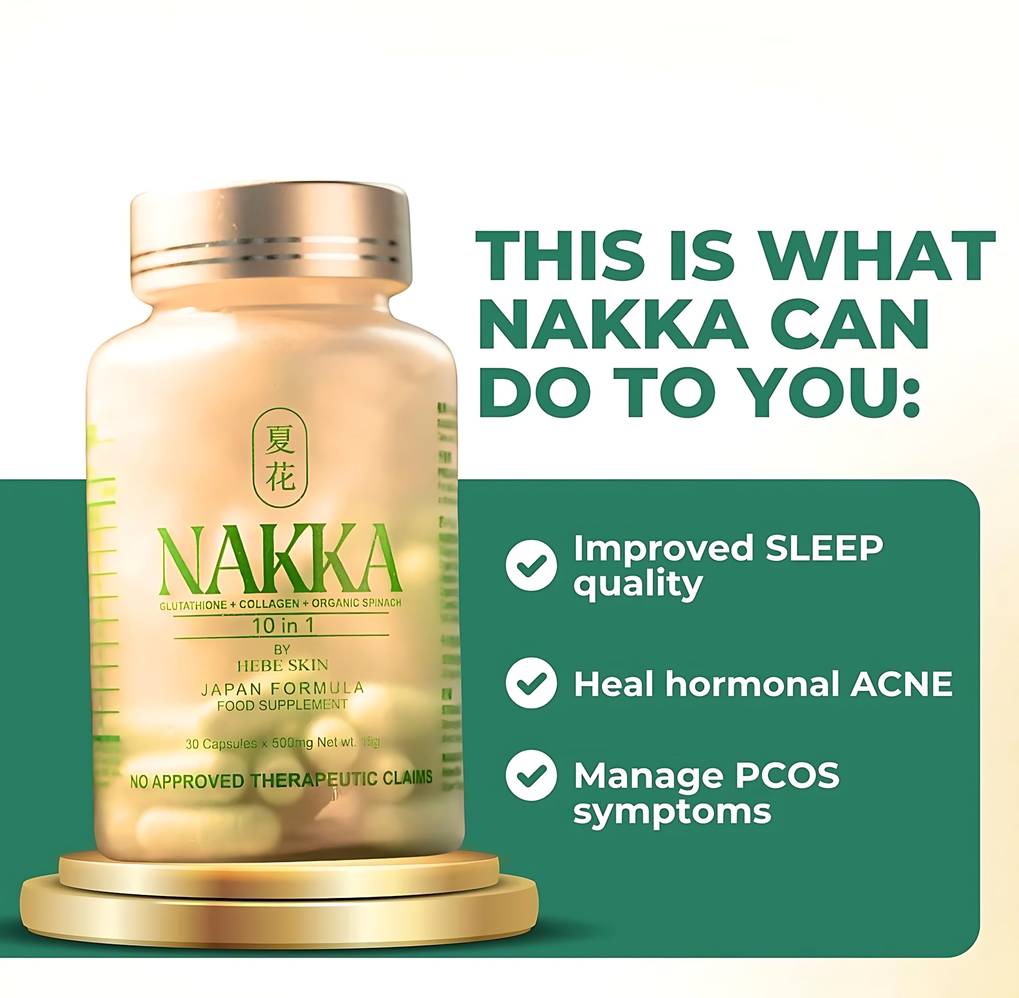 Hebeskin Nakka Glutathione Collagen Organic Spinach 10-in-1 Food Supplement - 30 Cap
