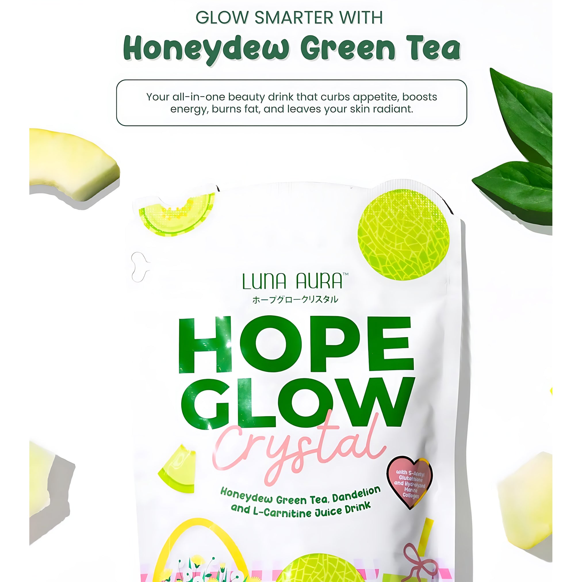 Luna Aura Hope Glow Crystal – Honeydew Green Tea with Dandelion & L-Carnitine (10 Sachets x 18g)