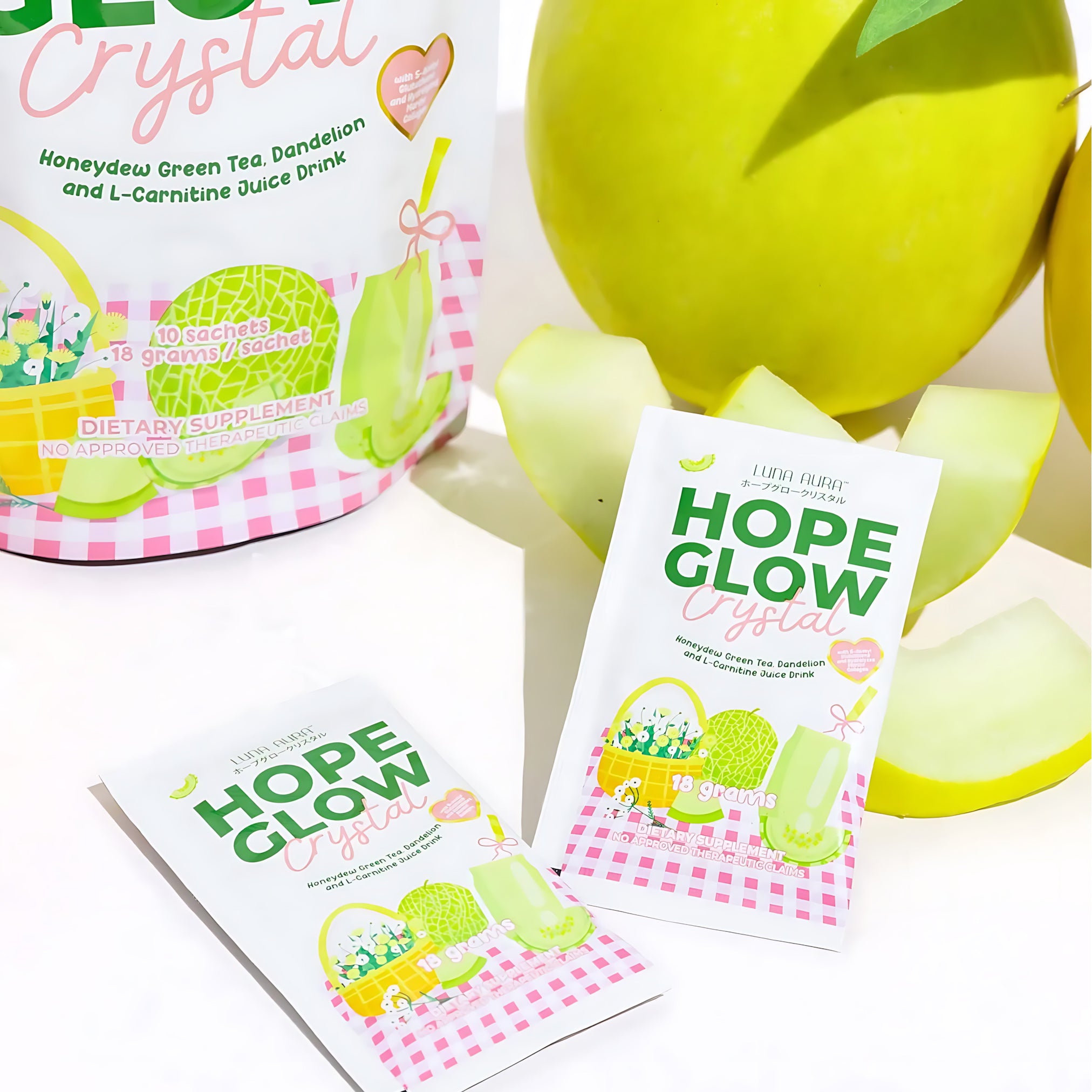 Luna Aura Hope Glow Crystal – Honeydew Green Tea with Dandelion & L-Carnitine (10 Sachets x 18g)