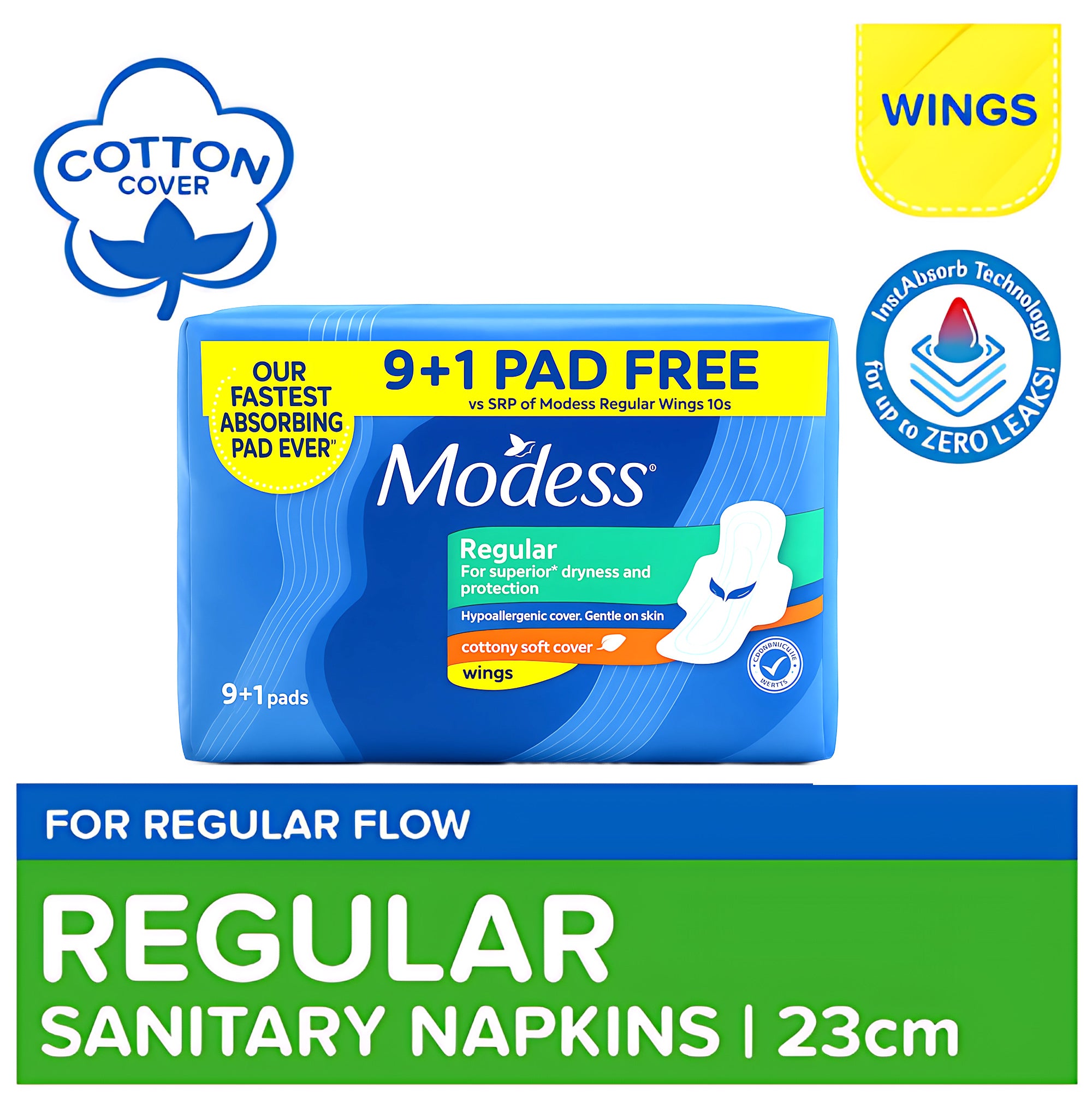 Modess Regular Sanitary Pads with Wings - 10 Pads (9+1 Free)
