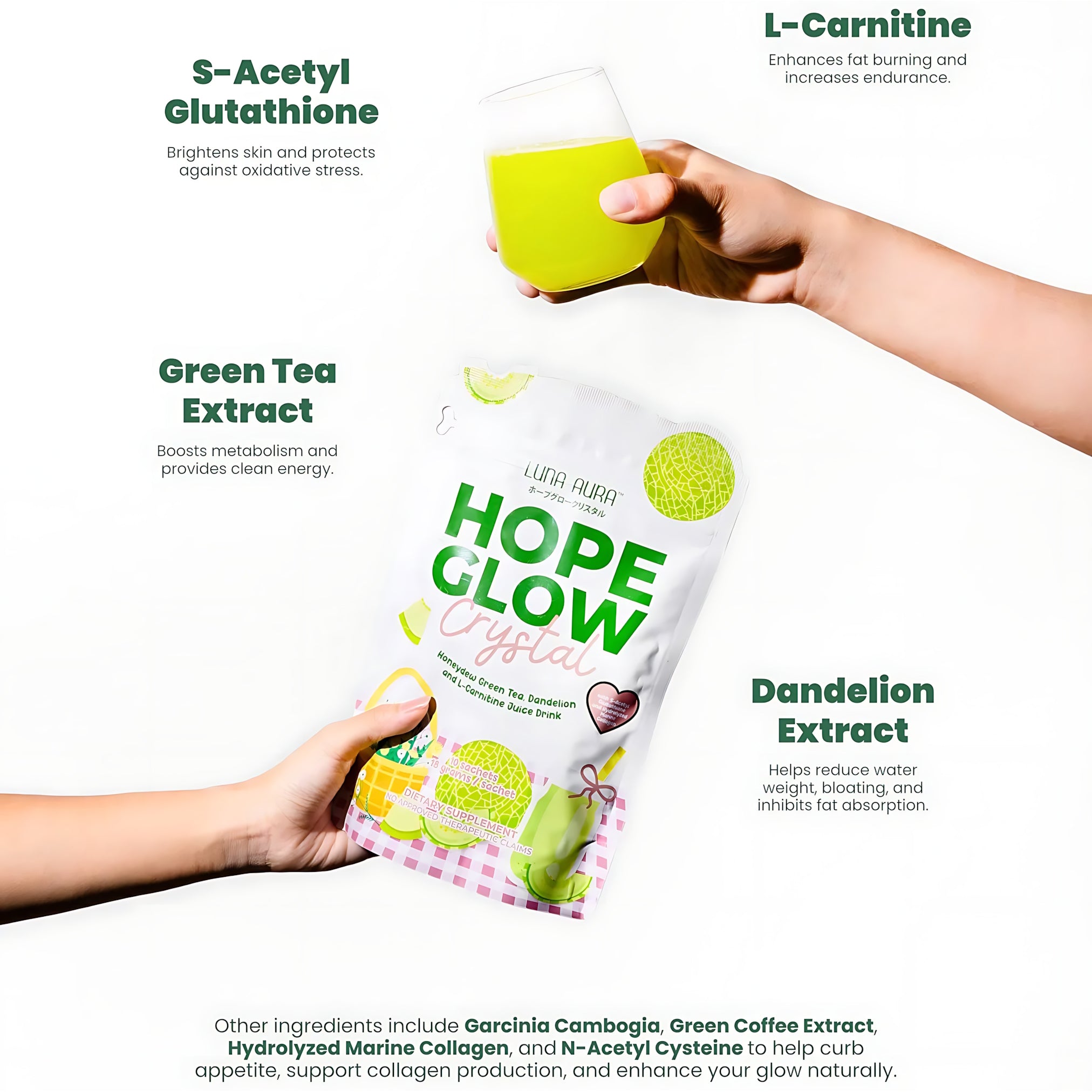 Luna Aura Hope Glow Crystal – Honeydew Green Tea with Dandelion & L-Carnitine (10 Sachets x 18g)