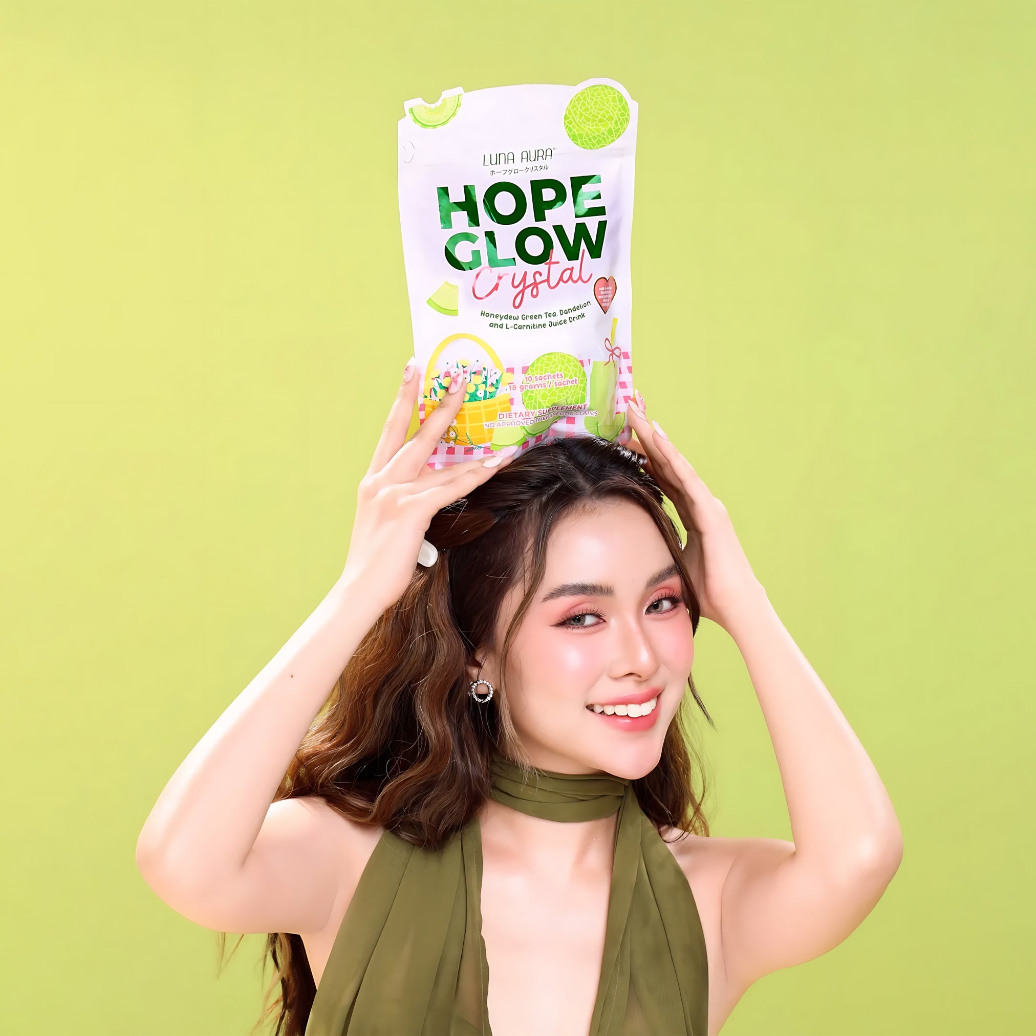Luna Aura Hope Glow Crystal – Honeydew Green Tea with Dandelion & L-Carnitine (10 Sachets x 18g)
