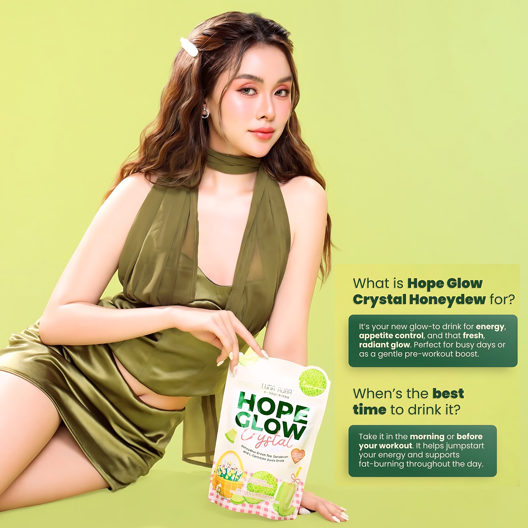 Luna Aura Hope Glow Crystal – Honeydew Green Tea with Dandelion & L-Carnitine (10 Sachets x 18g)