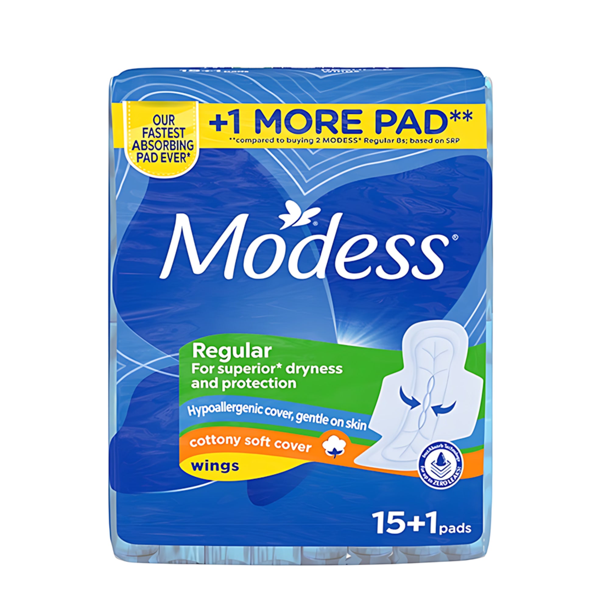 Modess Regular Sanitary Pads with Wings – 16 Pads (15+1 Bonus)