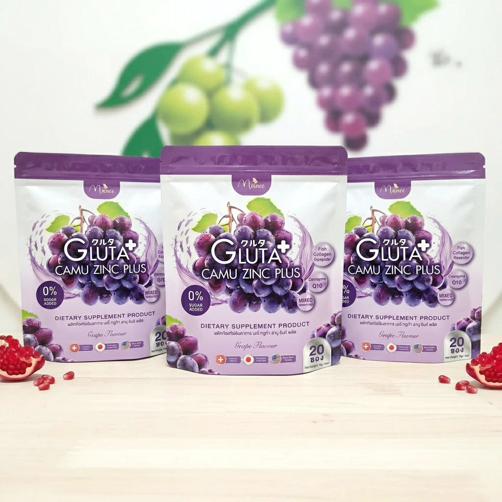 Manee Gluta Camu Zinc Grape Flavour (20 Sachets × 10g each) - (3 Pcs Combo)