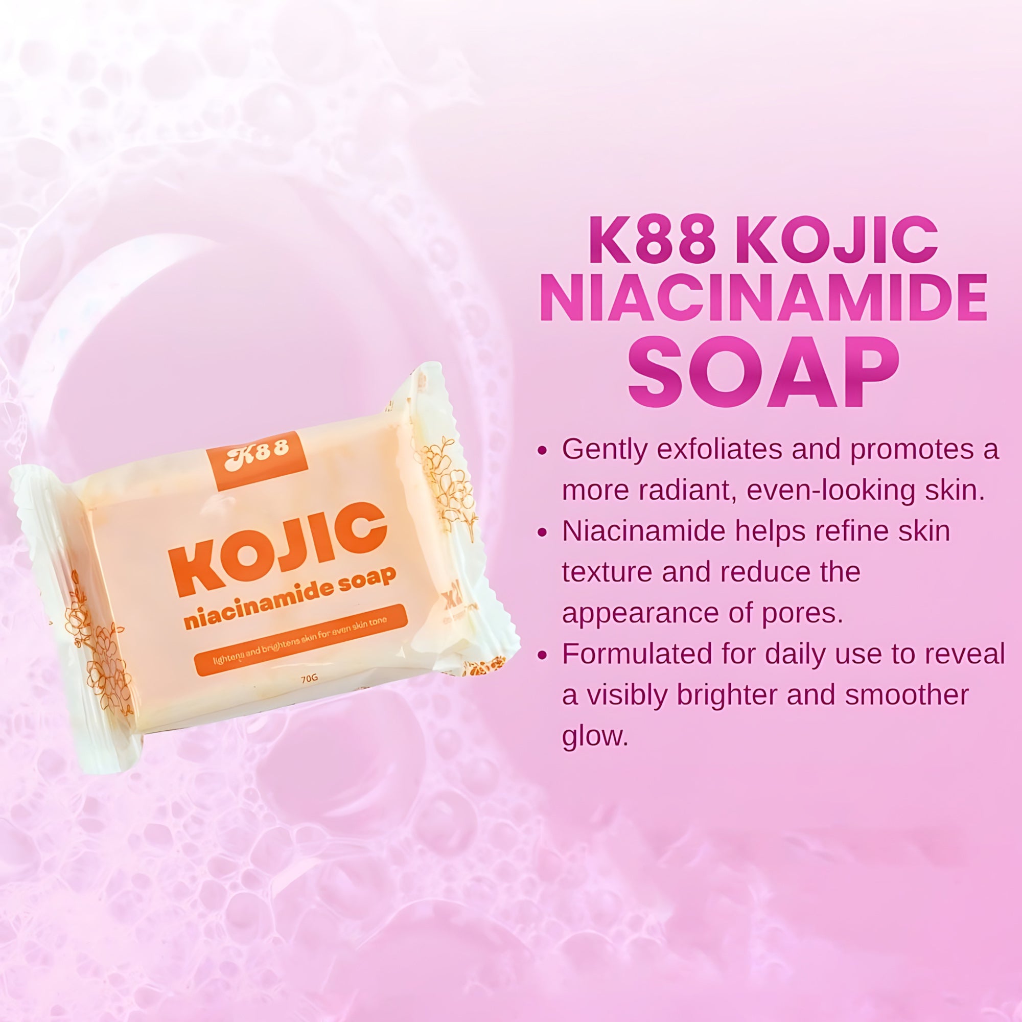 K88 Kojic Niacinamide Soap – Skin Brightening & Even-Tone Formula (70g)