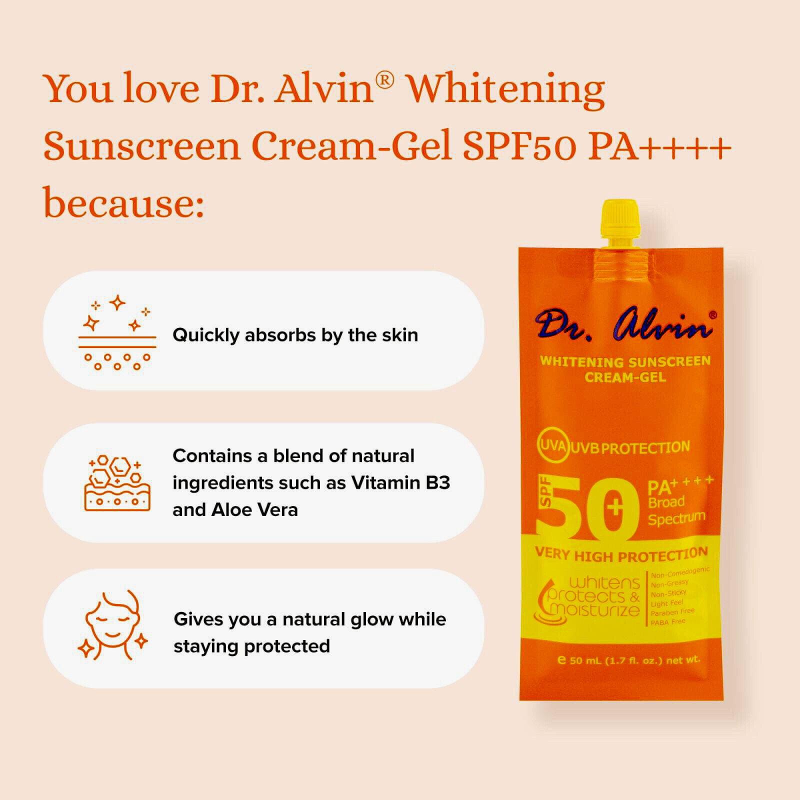 Dr. Alwin Whitening Sunscreen Cream Gel SPF 50+  50ml