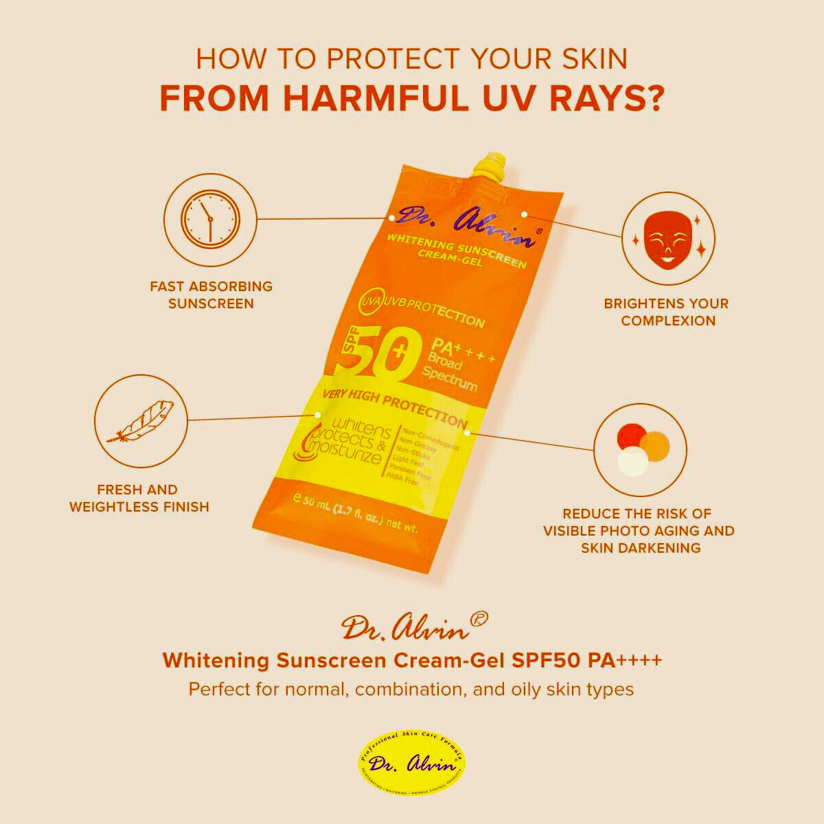 Dr. Alwin Whitening Sunscreen Cream Gel SPF 50+  50ml