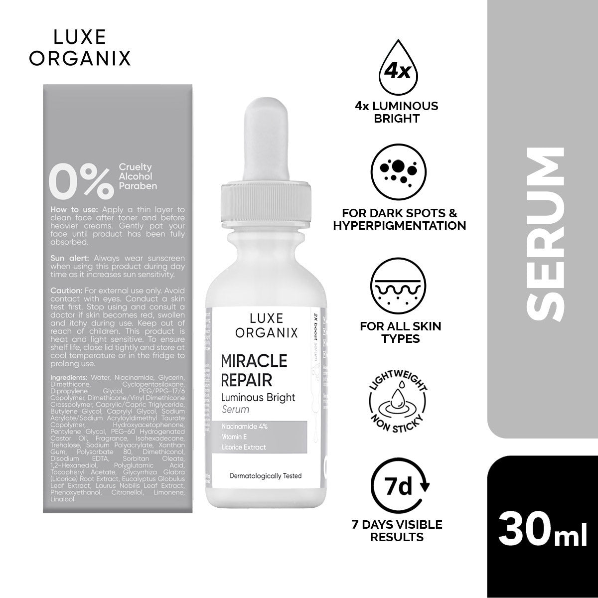 Luxe Organix Miracle Repair Luminous Bright Face Serum - 30ml