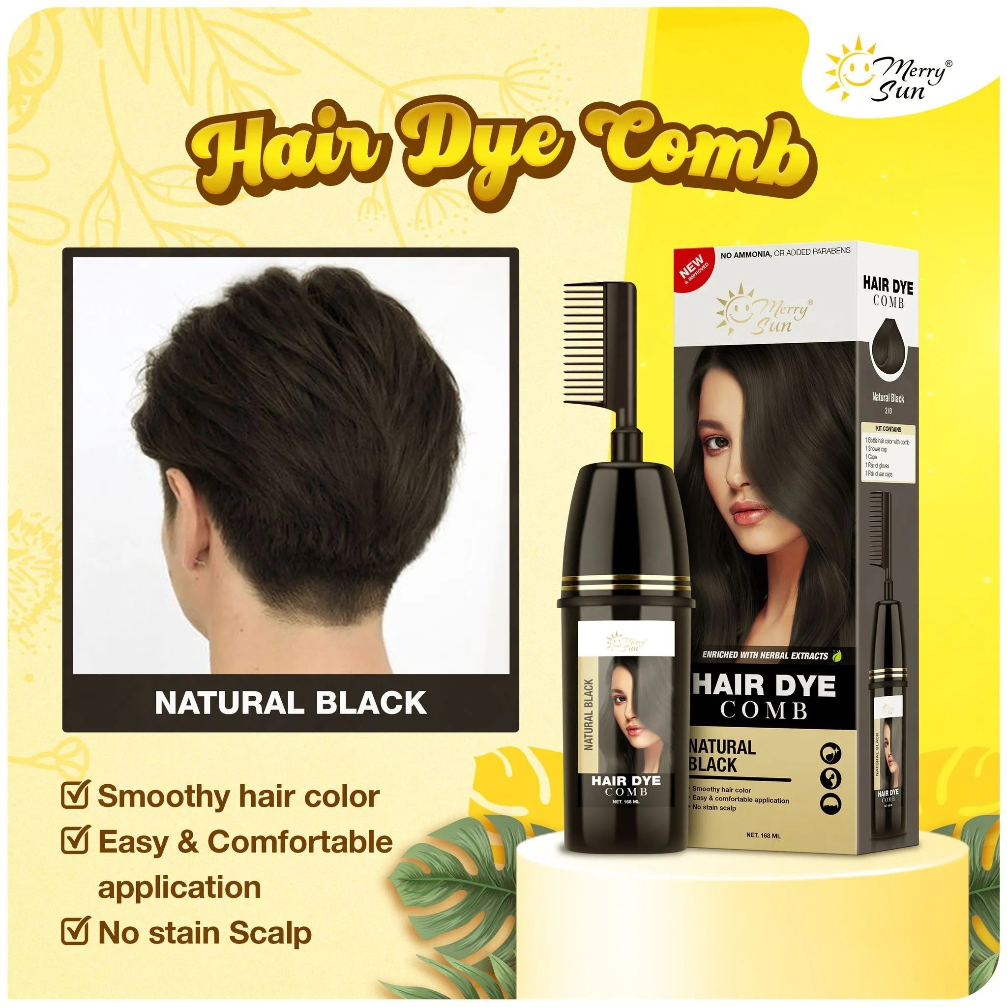 Merry Sun Permanent Hair Dye Comb Natural Black - 168ml