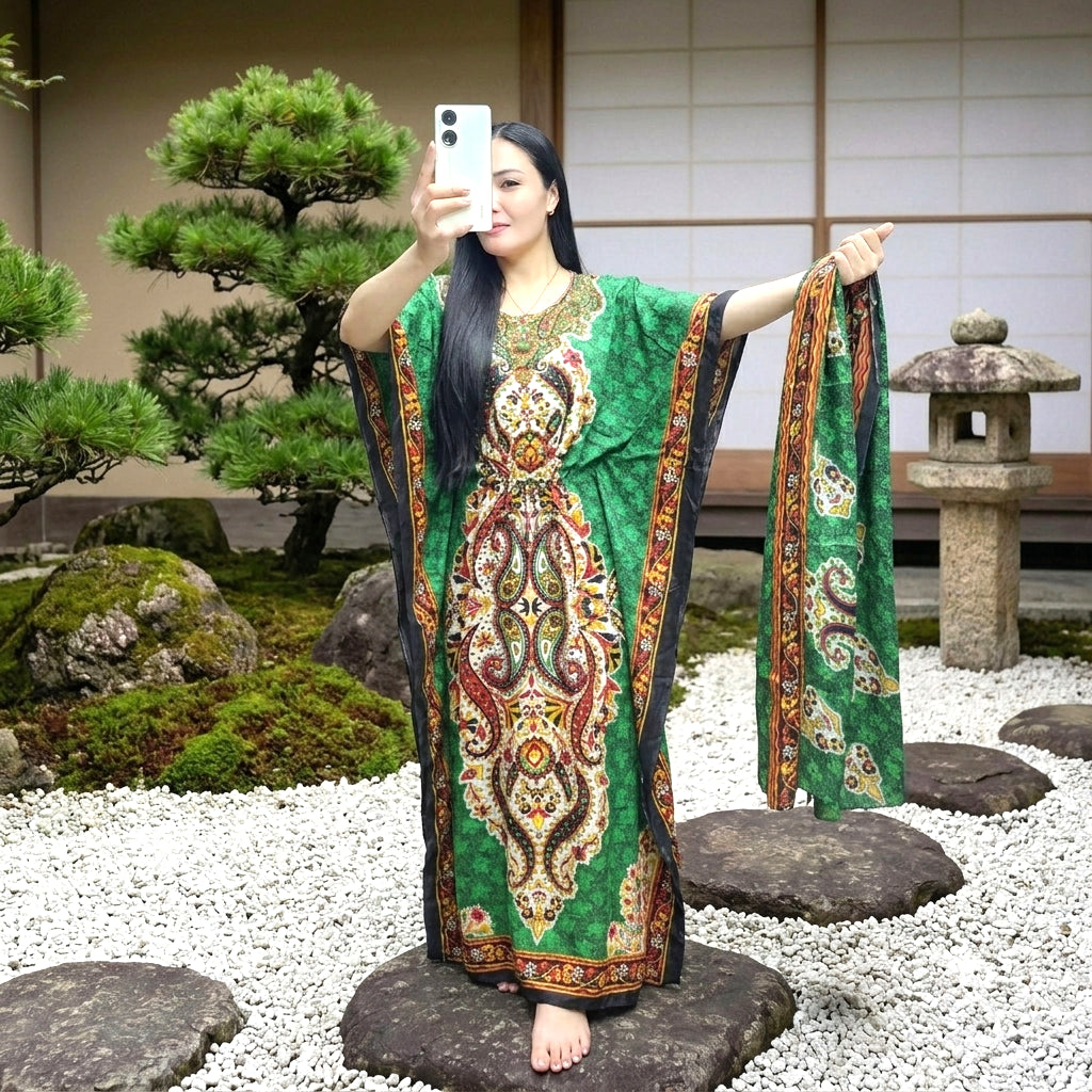 Women's Kimono Long Dress with Matching Scarf – Non-Stretch Satin | Free Size