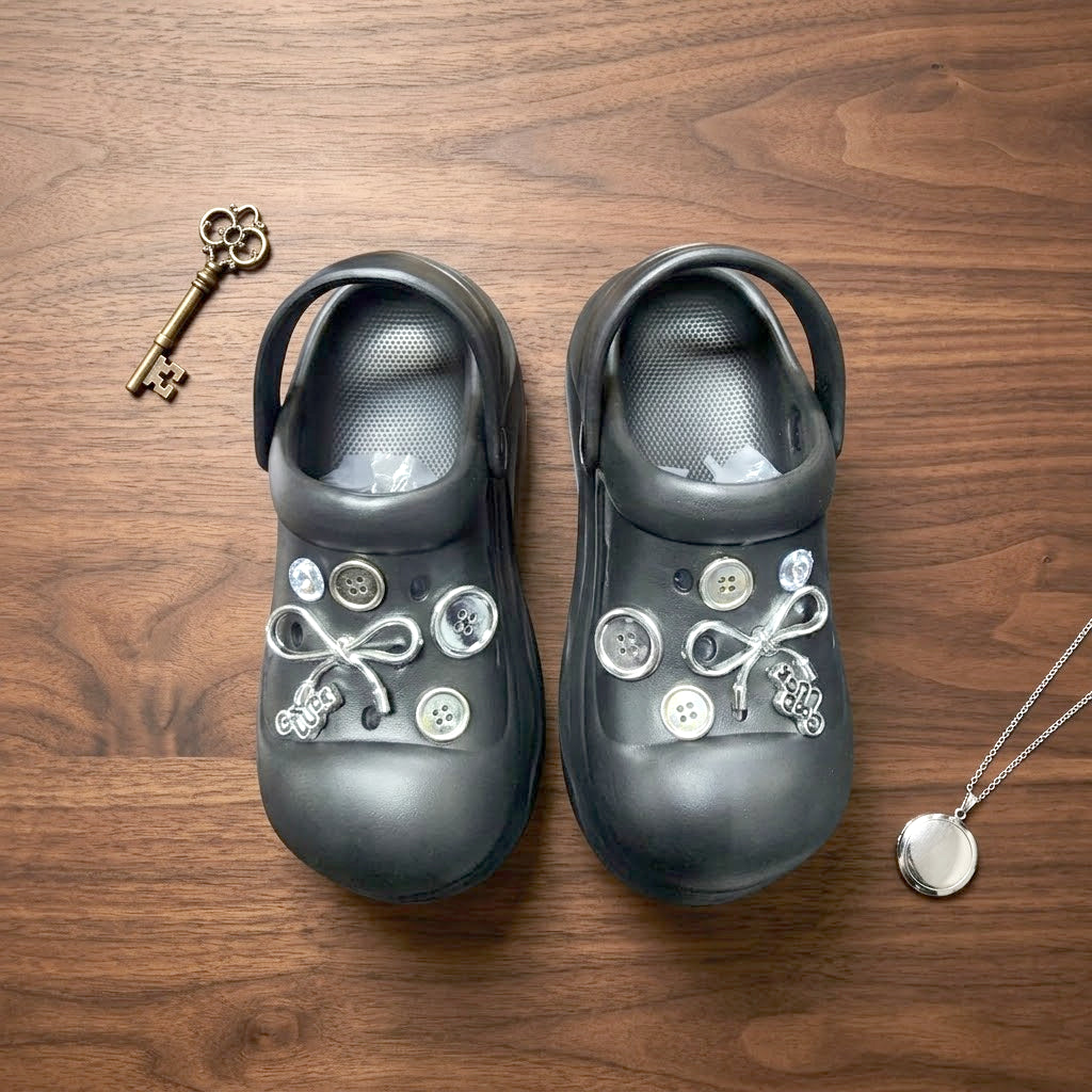 Chunky Platform Clogs with Silver Charms & Bows- slipper