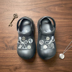 Chunky Platform Clogs with Silver Charms & Bows- slipper