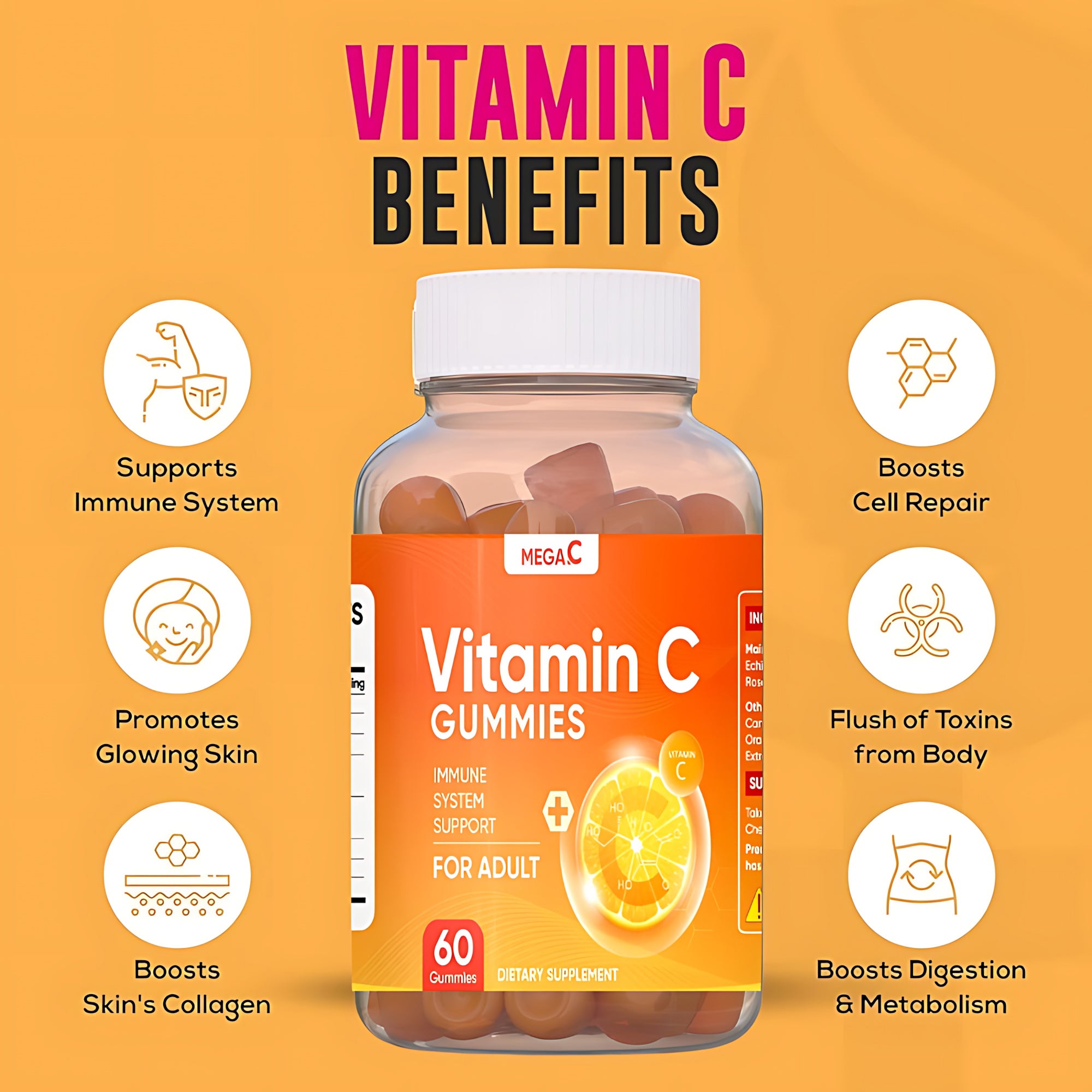 Mega C Vitamin C Gummies – Adult Immune Support Supplement (60 Gummies)