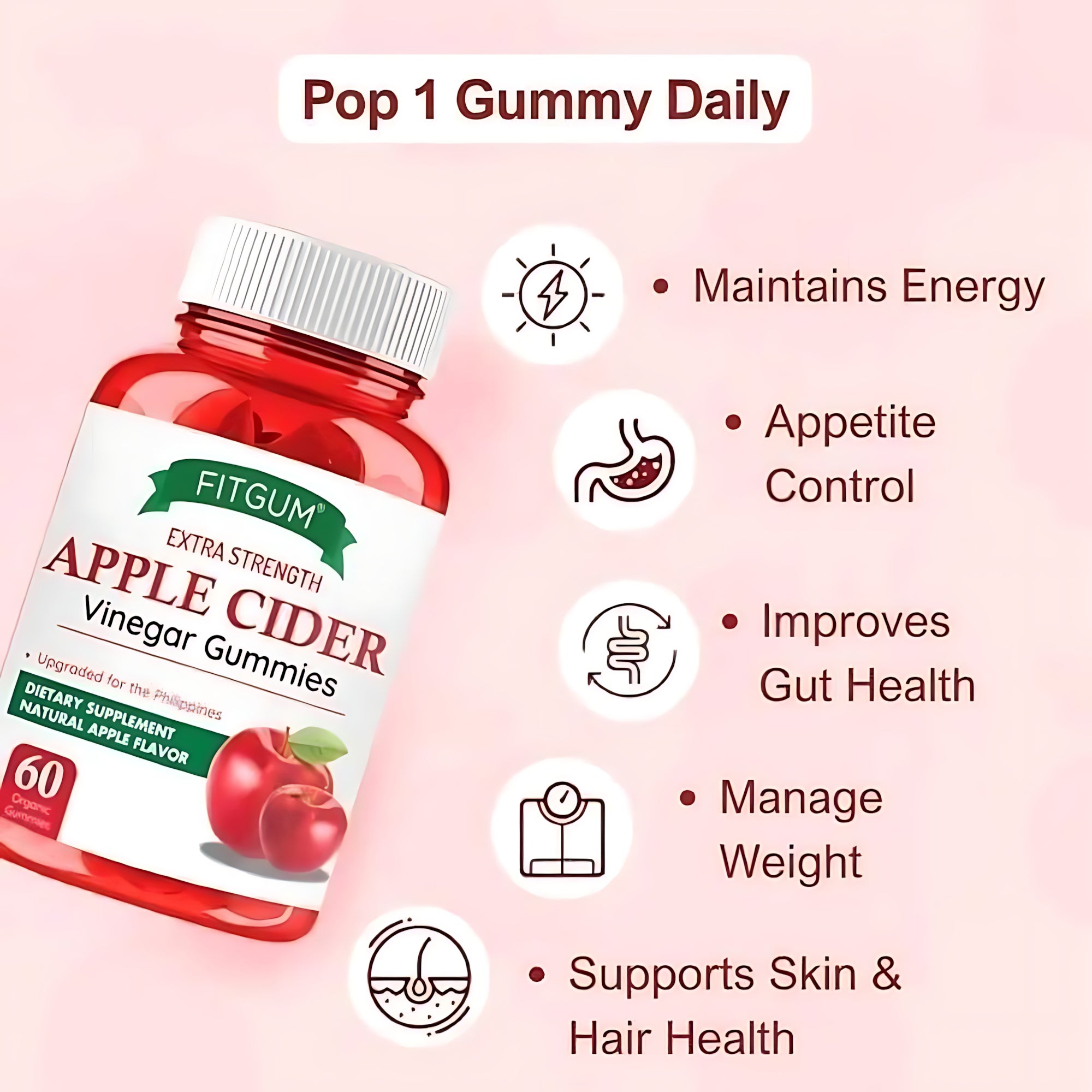 Fitgum Extra Strength Apple Cider Vinegar Gummies – 60 Organic Gummies