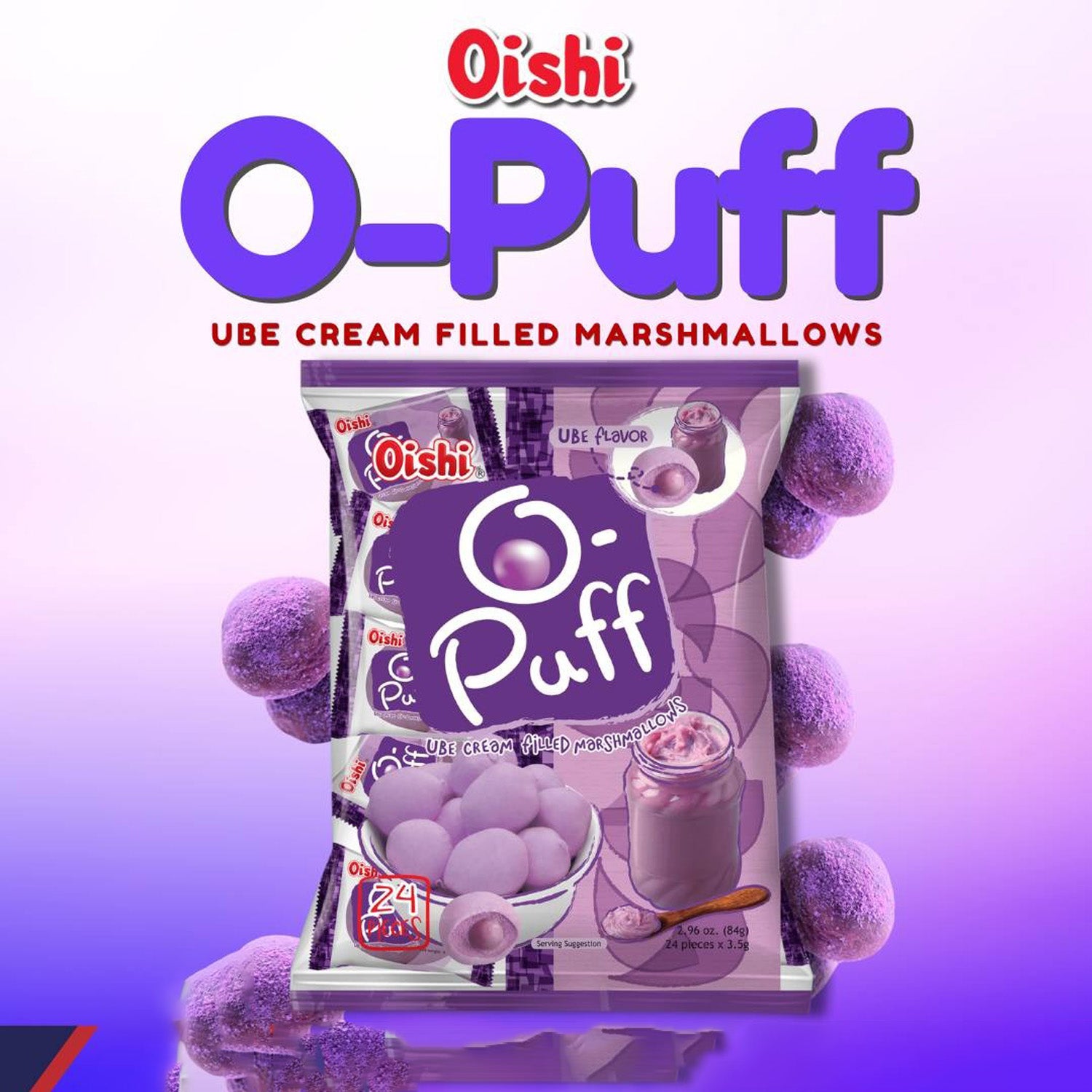Oishi O-Puff Ube Cream Filled Marshmallow (24 x 3.5g – 84g)