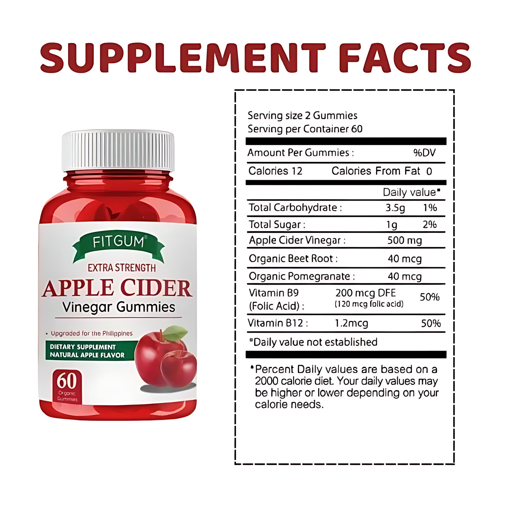 Fitgum Extra Strength Apple Cider Vinegar Gummies – 60 Organic Gummies