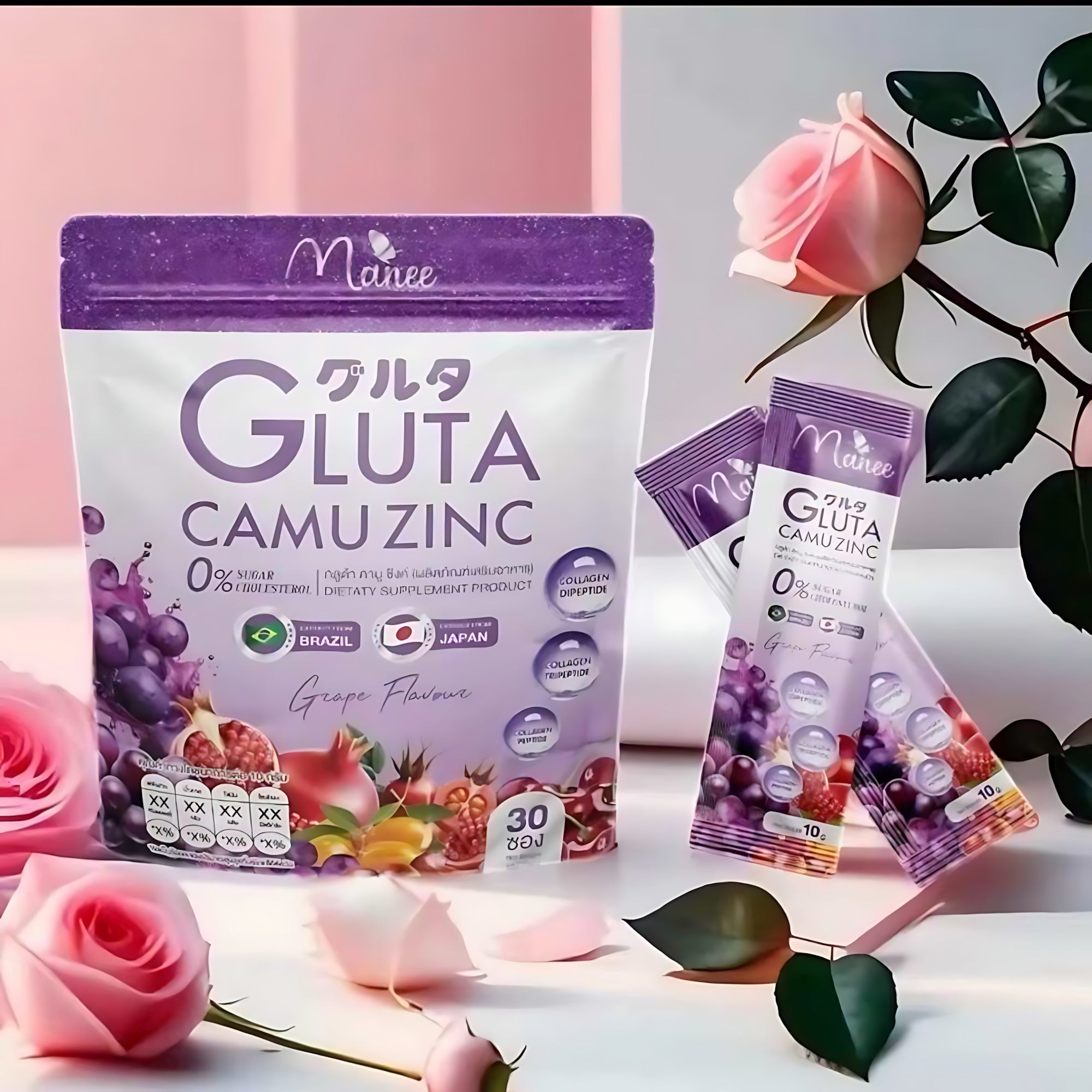 Manee Gluta Camu Zinc – Grape Flavour (30 Sachets × 10g each)