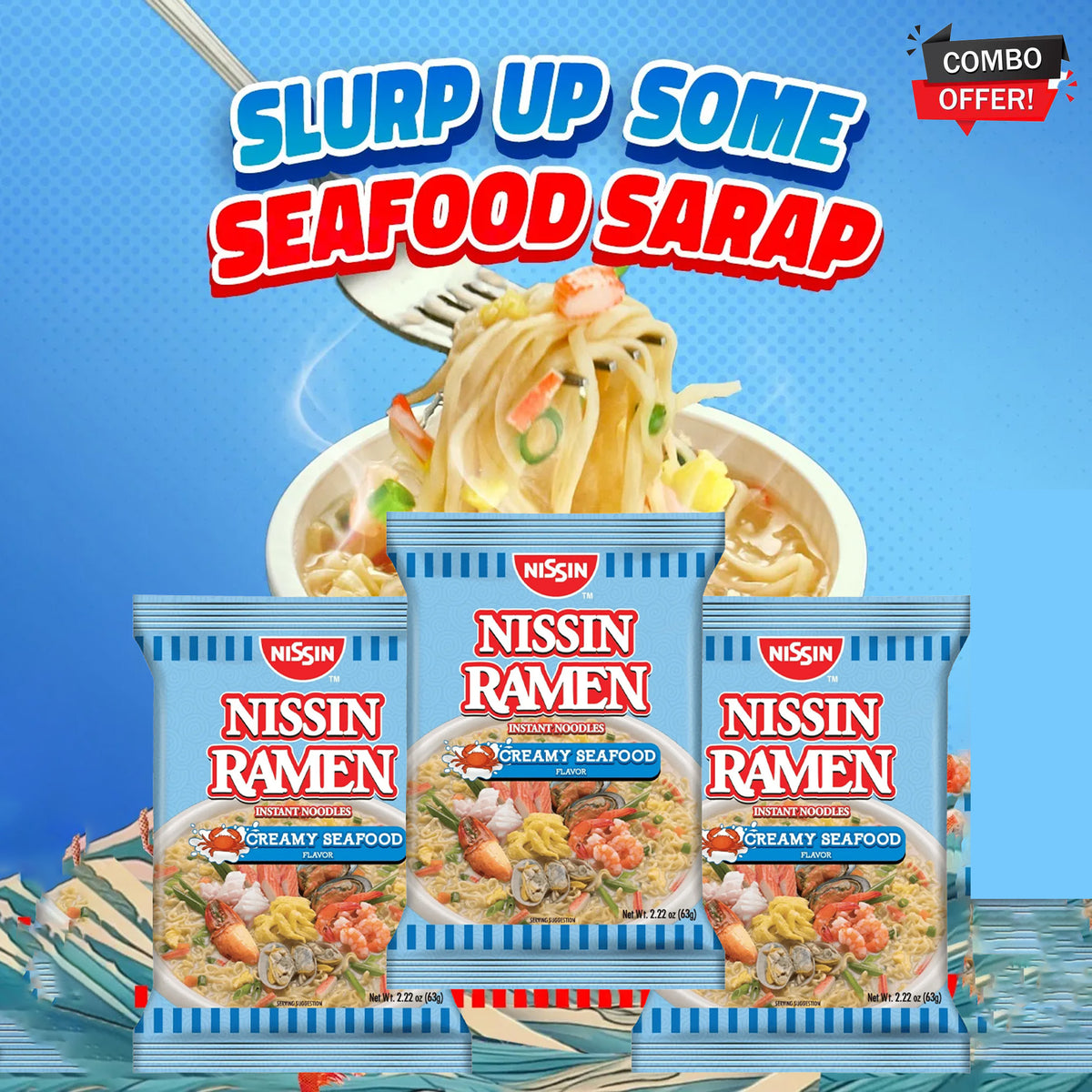 Nissin Ramen Instant Noodles Creamy Seafood – 63g (3 Pack Combo)