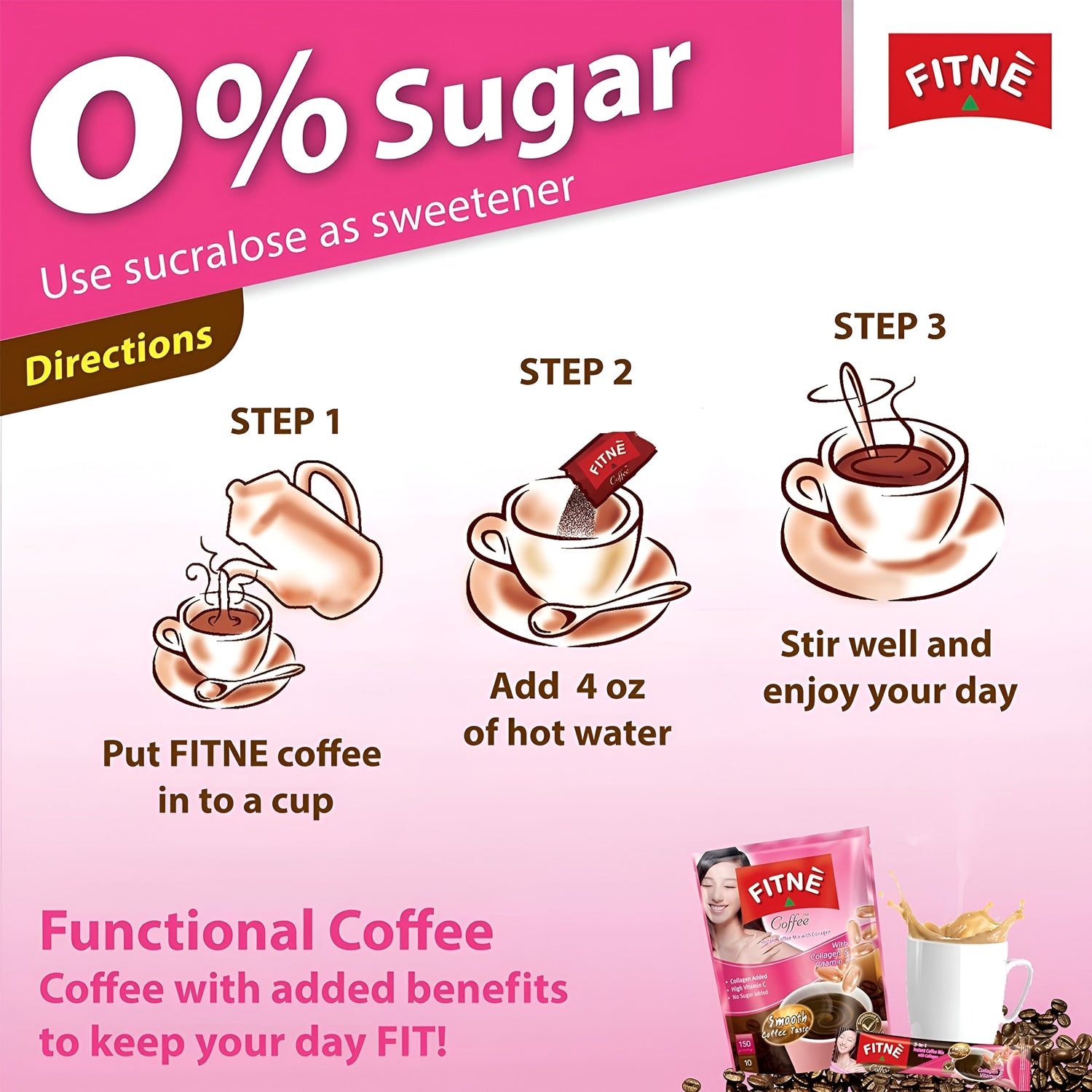 Fitne 3-in-1 Instant Coffee Mix with Collagen & Vitamin C - 15gm × Sachets