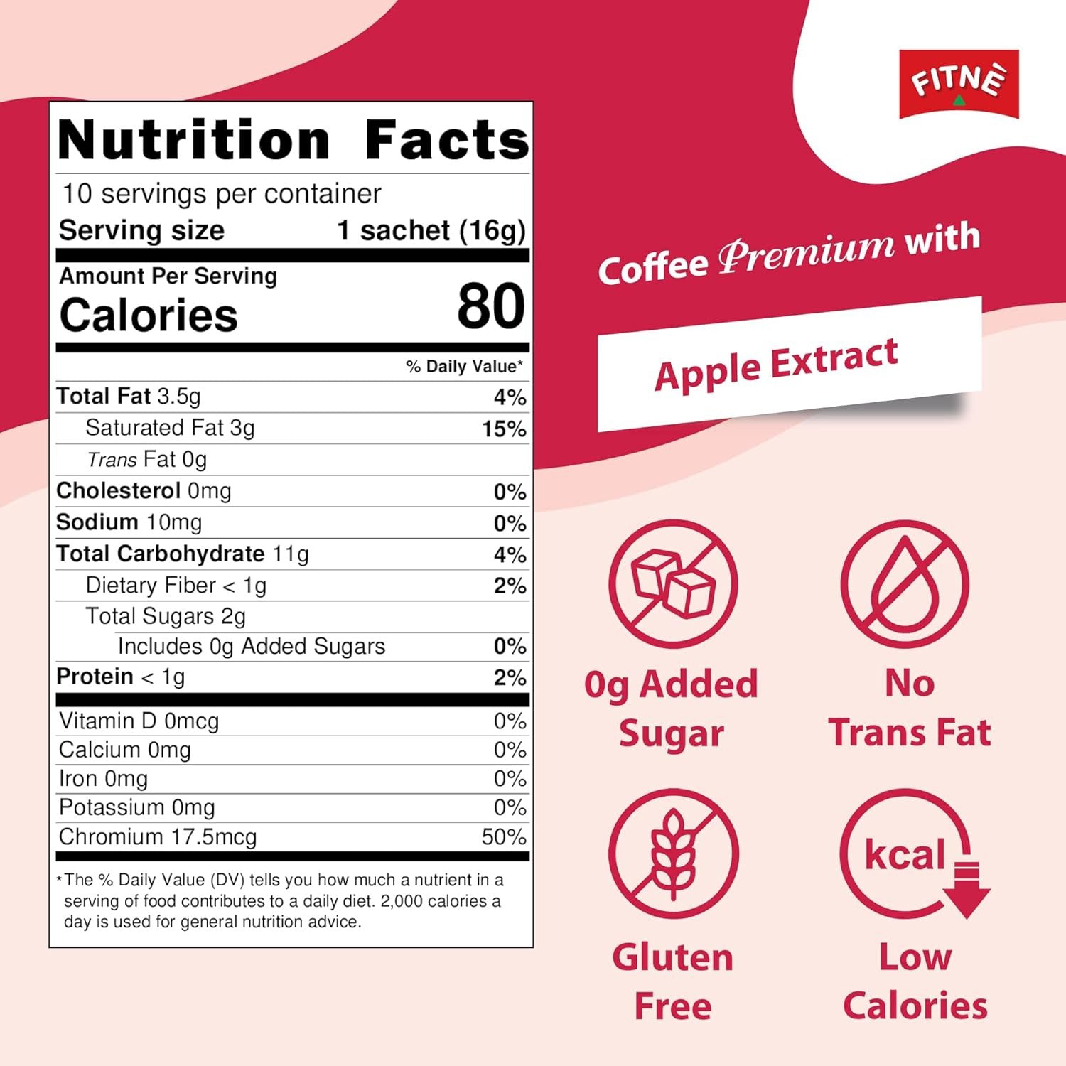 FITNE Premium Instant Coffee Mix – Apple, Pomegranate & L-Carnitine - 15gm × 10 Sachets