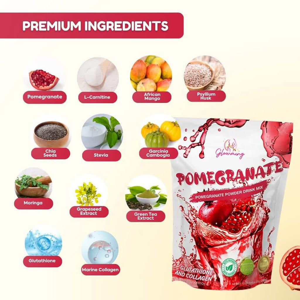 Glowming Pomegranate With Glutathione & Collagen Powder Drink Mix  – 20g x 10 Sachets