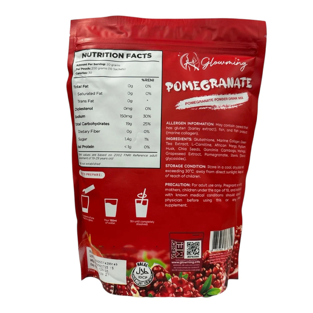 Glowming Pomegranate With Glutathione & Collagen Powder Drink Mix  – 20g x 10 Sachets