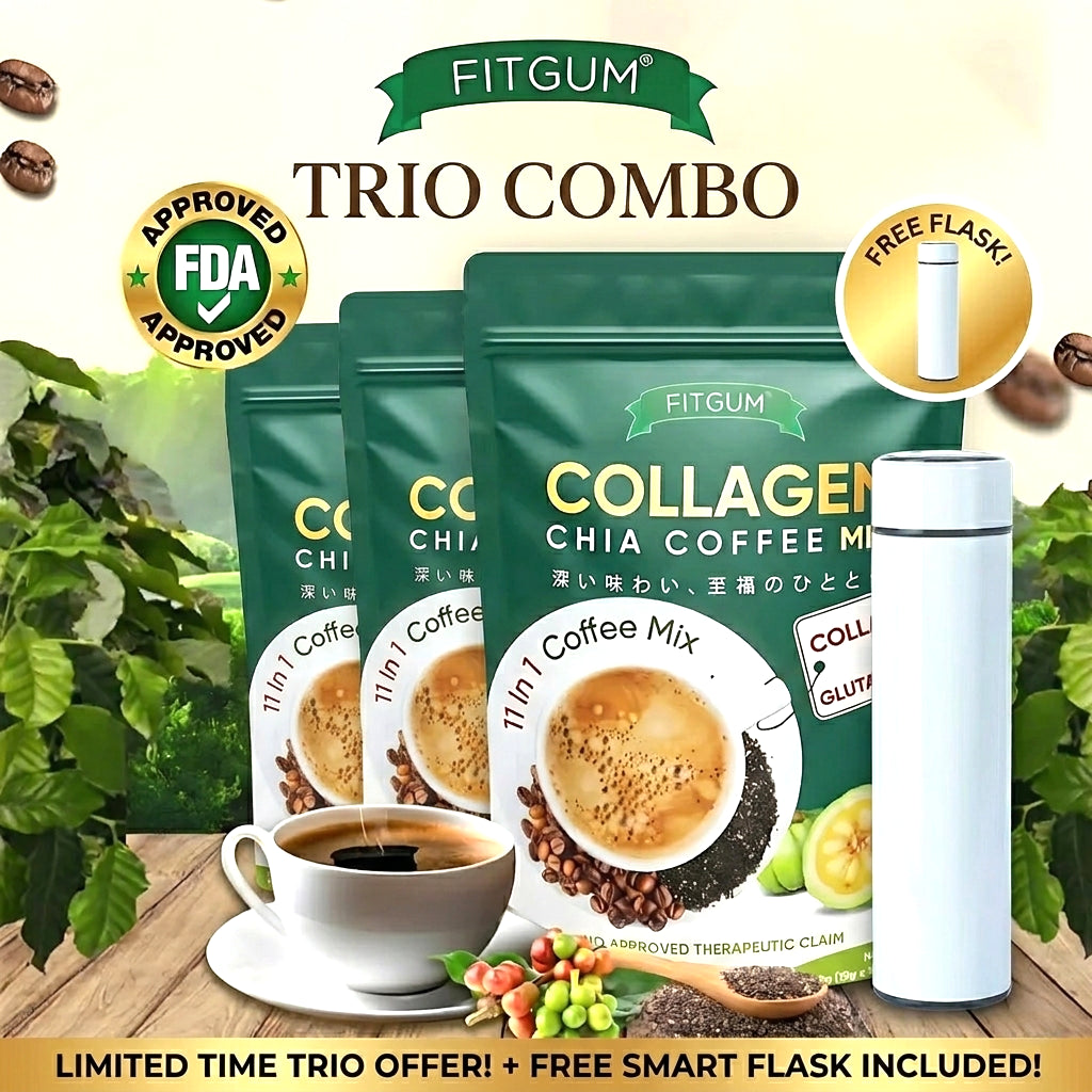 Fitgum Collagen Chia 11-in-1 Shape Coffee Mix – 3PCS Combo + FREE Smart Flask