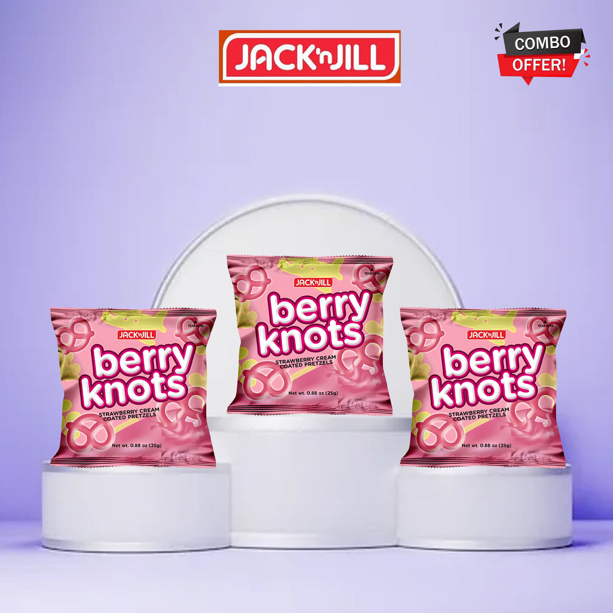Jack 'n Jill Berry Knots – Strawberry Cream Coated Pretzels (25g x 3 Combo Pack)