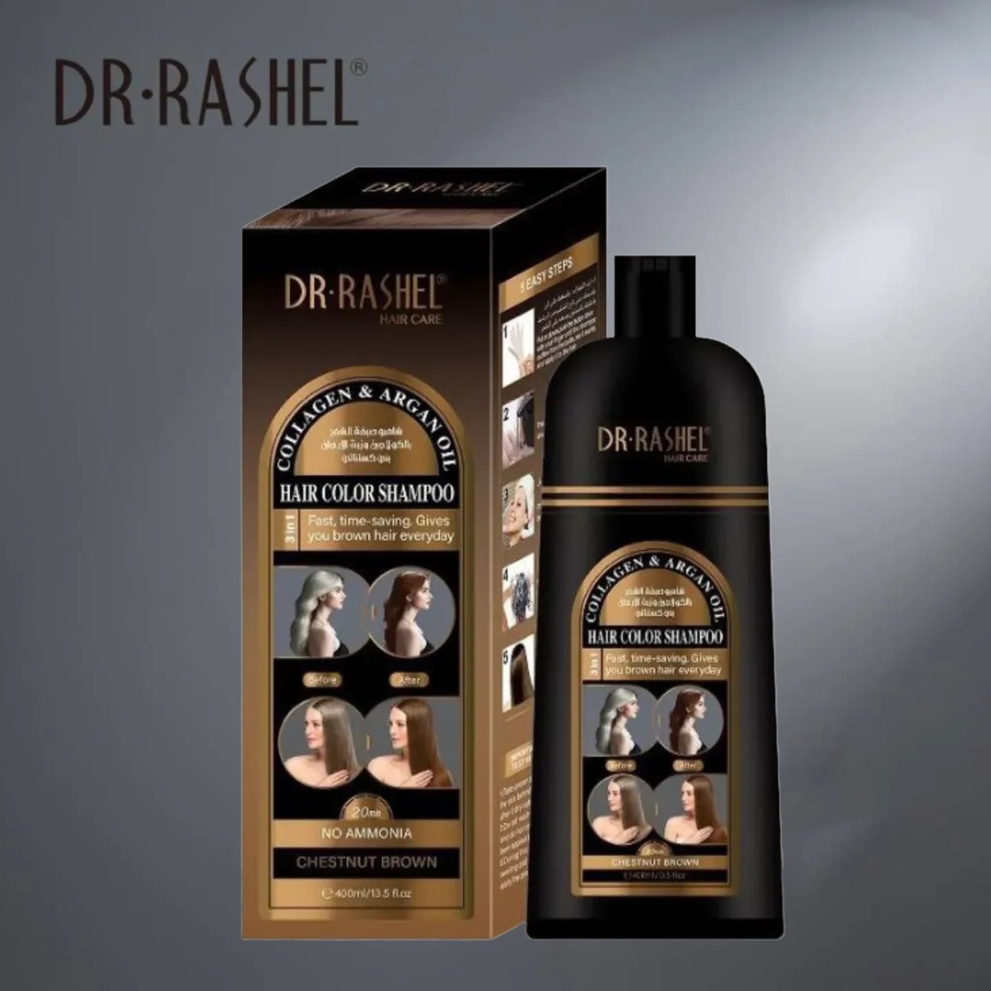 Dr. Rashel Collagen & Argan Oil Hair Color Shampoo – Chestnut Brown (400ml)