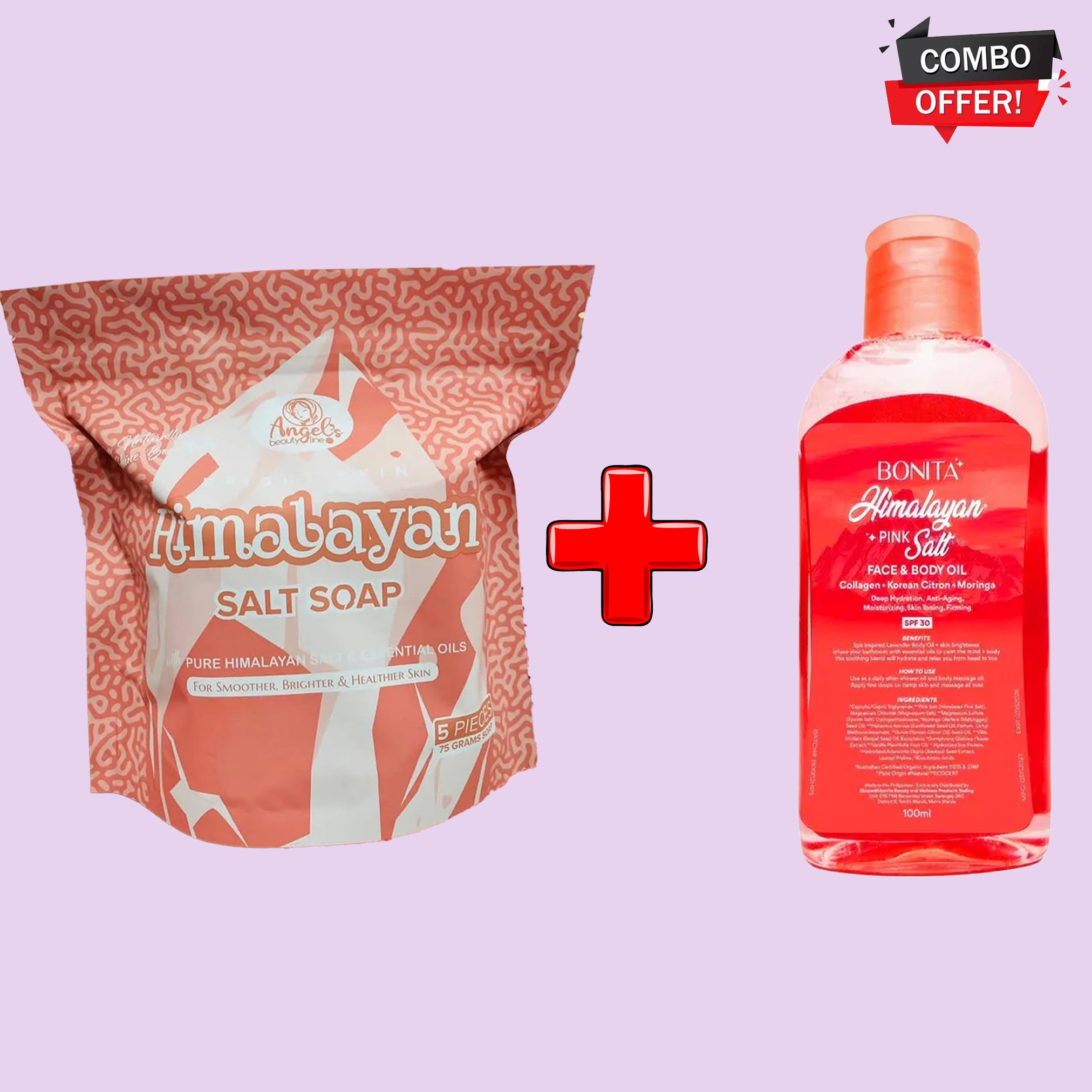 Angel’s Beautyline Bright Skin Himalayan Salt Soap (75g x 5) + Bonita Himalayan Pink Salt Face & Body Oil with SPF 30 – Combo Pack