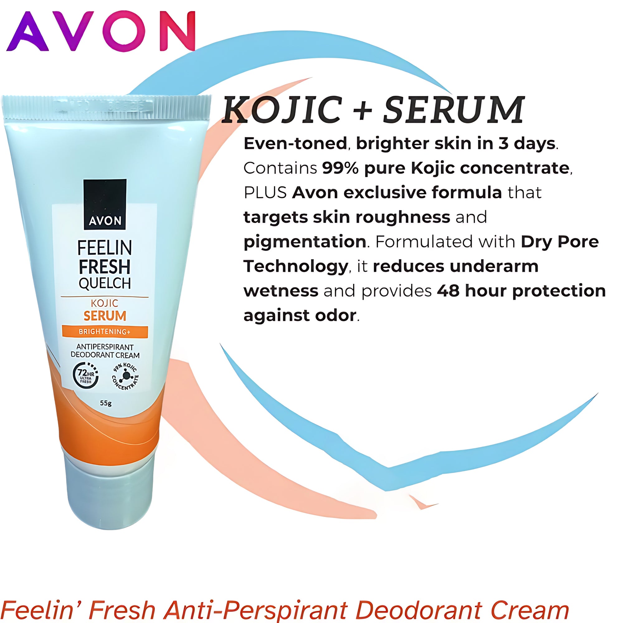 Avon Feelin Fresh Quelch Kojic Serum Antiperspirant Deodorant Cream – 55g (1+1 Offer)