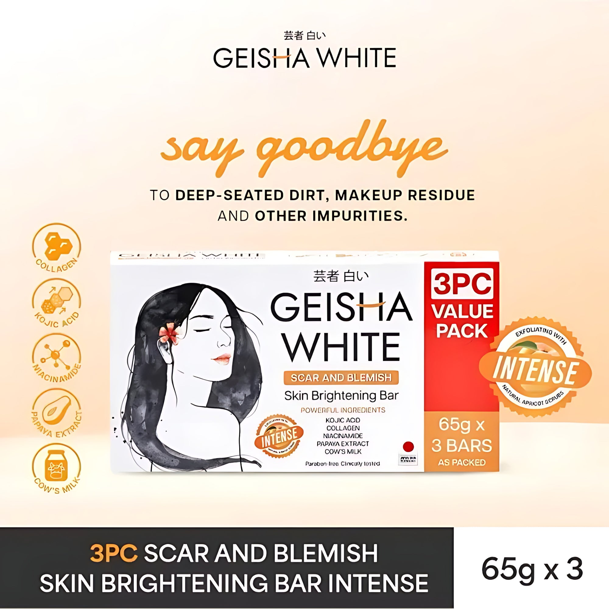 Geisha White INTENSE Scar and Blemish Skin Brightening Bar – 65g x 3 Value Pack
