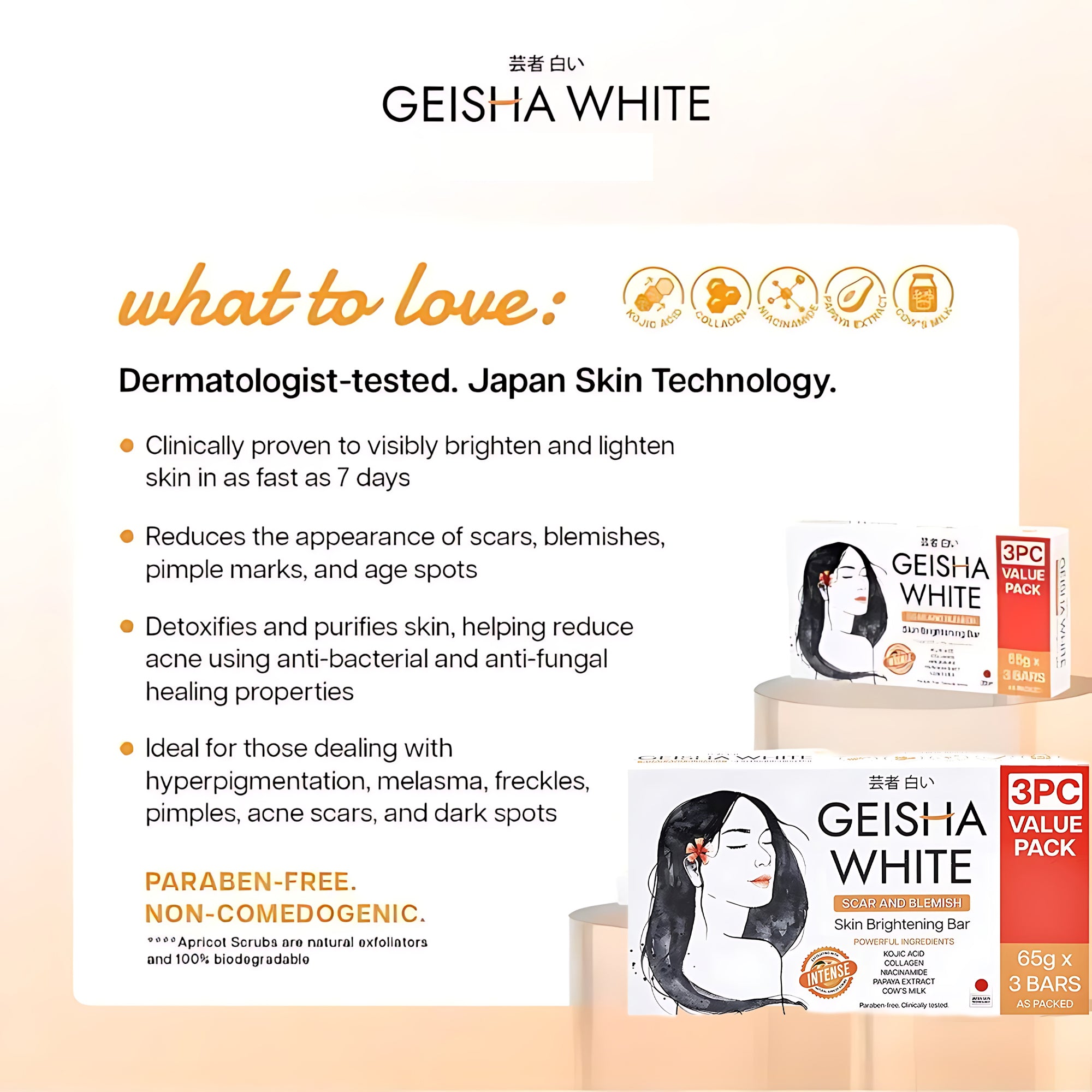 Geisha White INTENSE Scar and Blemish Skin Brightening Bar – 65g x 3 Value Pack