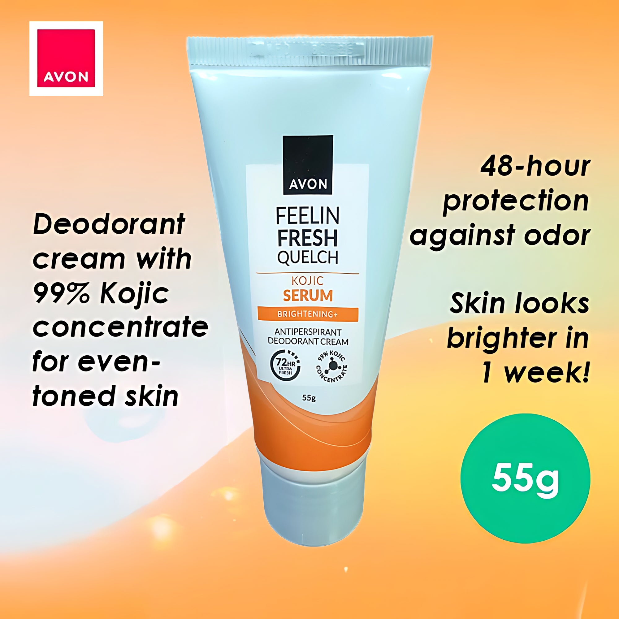 Avon Feelin Fresh Quelch Kojic Serum Antiperspirant Deodorant Cream – 55g (1+1 Offer)